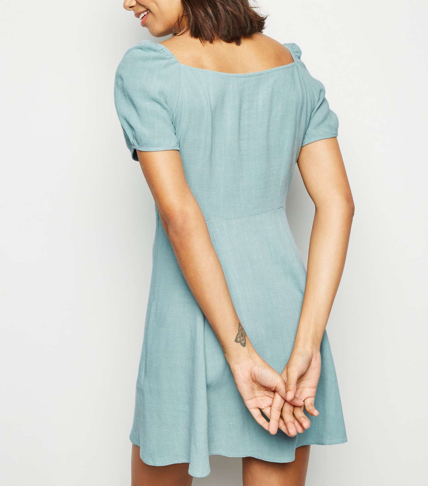 Mint Green Linen-Look Puff Sleeve Milkmaid Dress Image 3