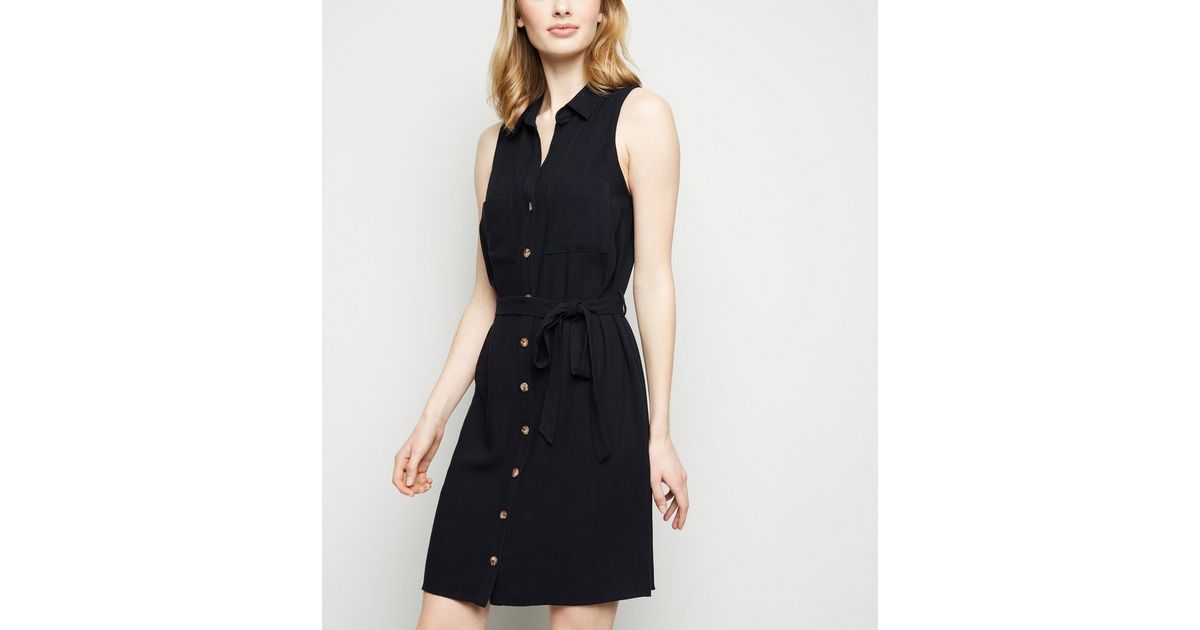 Black Linen Look Sleeveless Shirt Dress | New Look