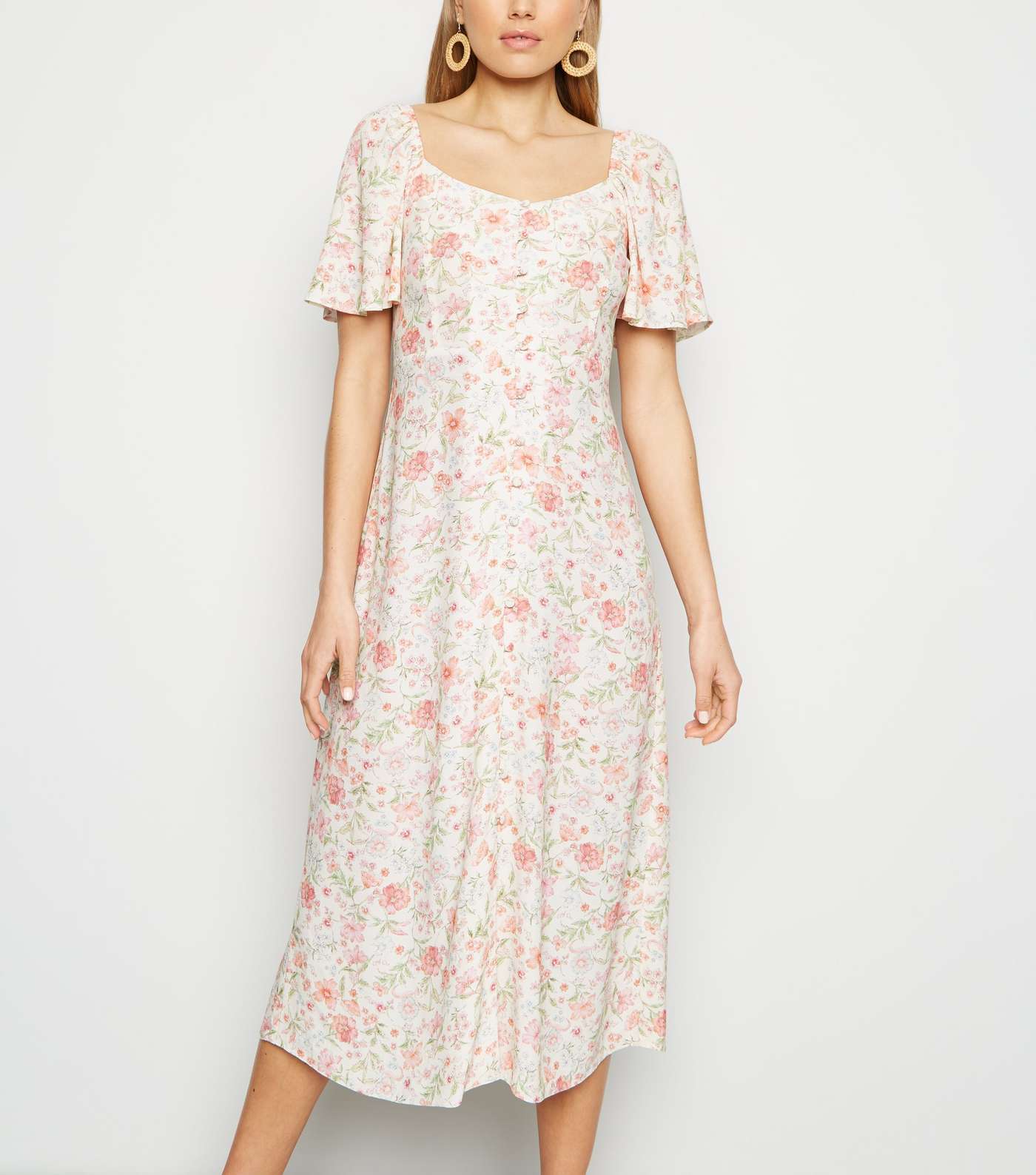 White Floral Button Up Midi Milkmaid Dress Image 2