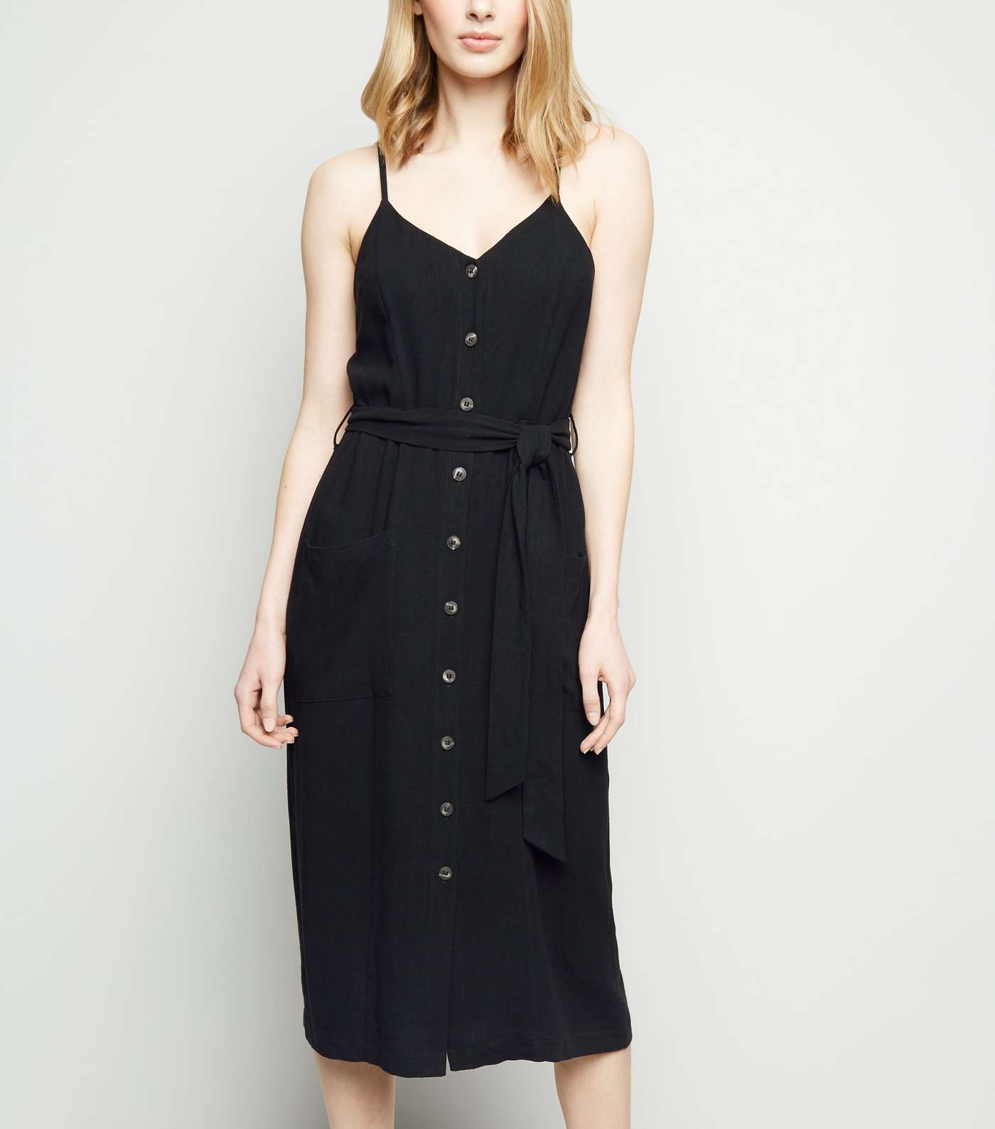 Black Linen-Look Belted Midi Dress