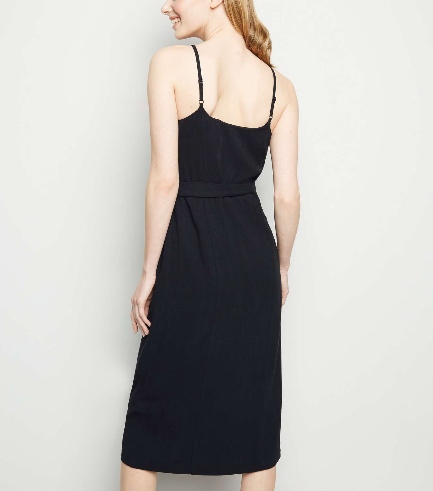 Black Linen-Look Belted Midi Dress Image 3