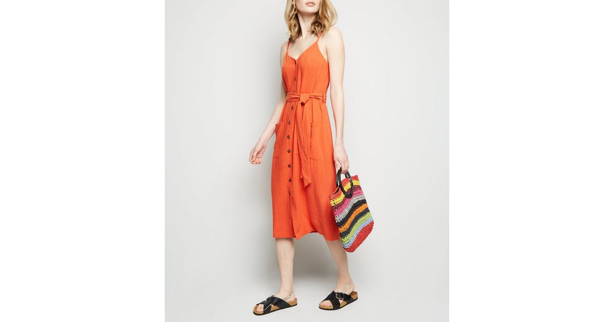 Orange Linen-Look Belted Midi Dress | New Look