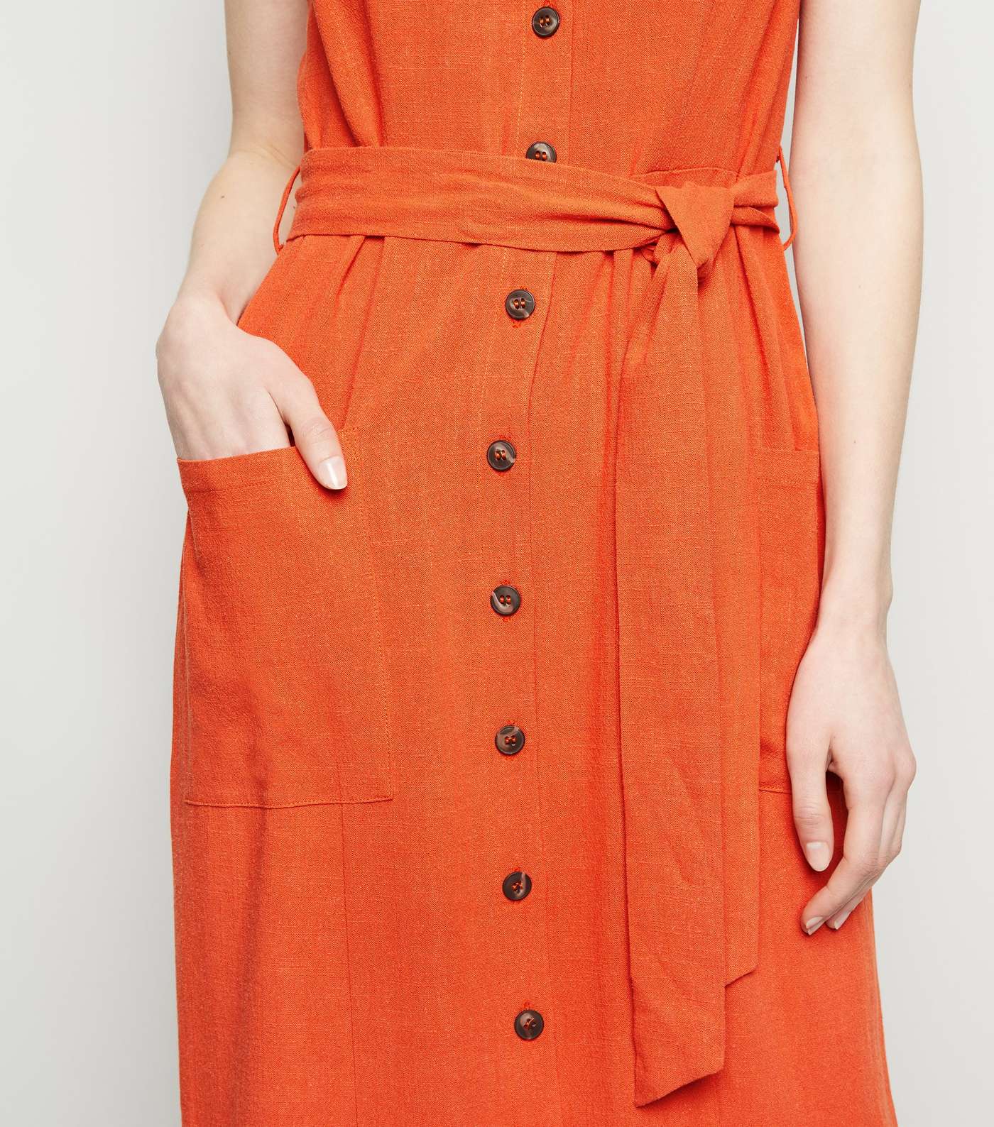 Orange Linen-Look Belted Midi Dress Image 5