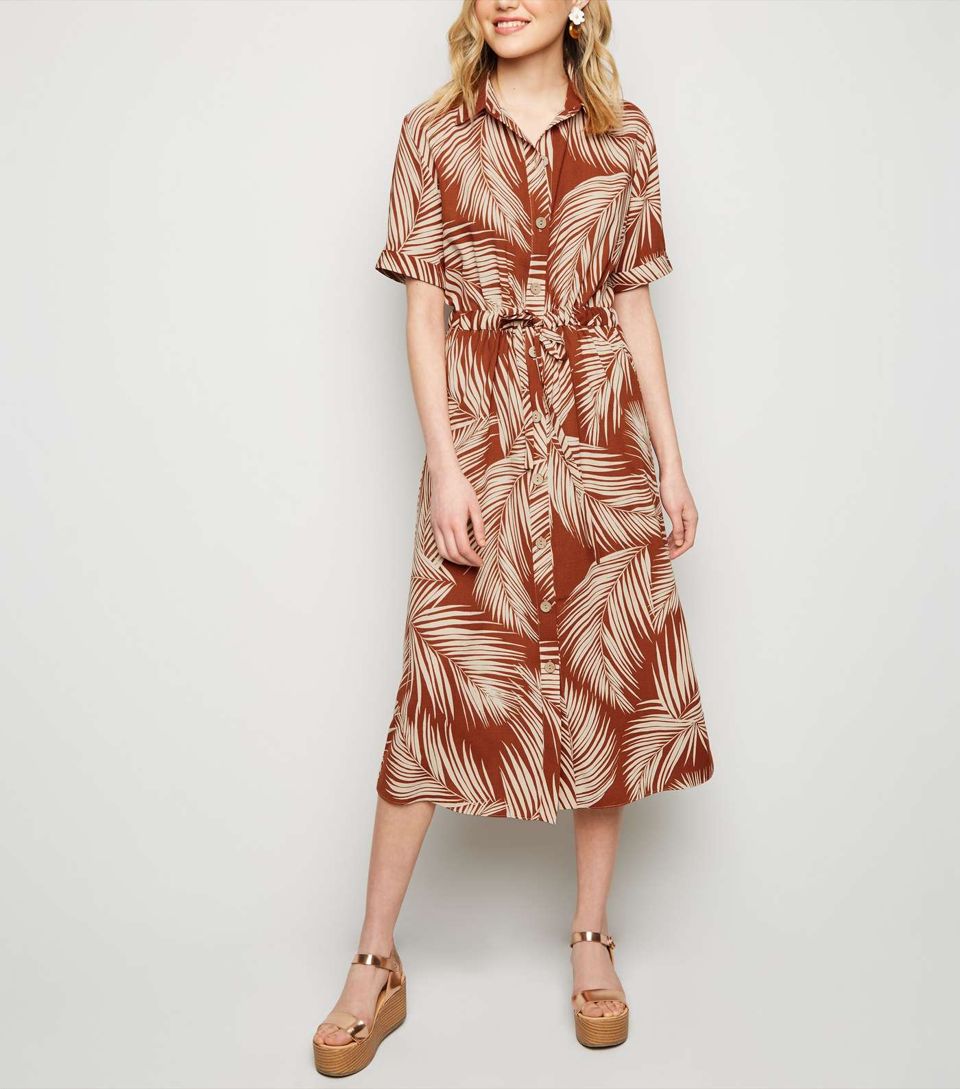 Brown Palm Print Tie Waist Midi Dress