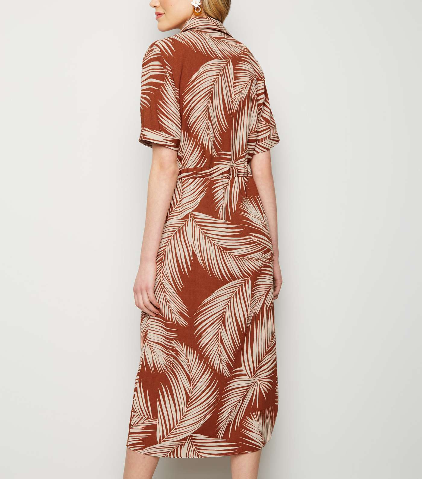 Brown Palm Print Tie Waist Midi Dress Image 3