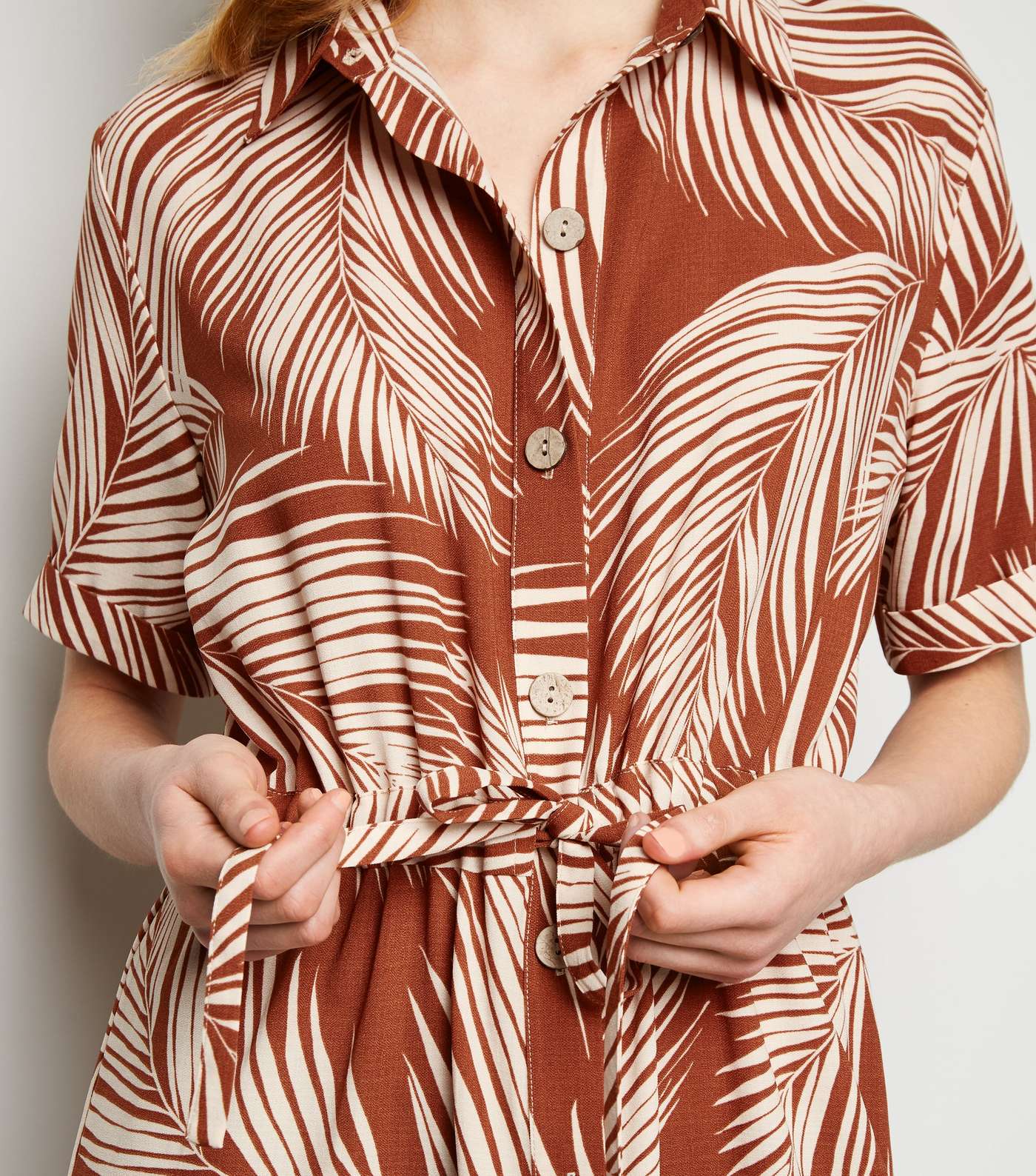 Brown Palm Print Tie Waist Midi Dress Image 5