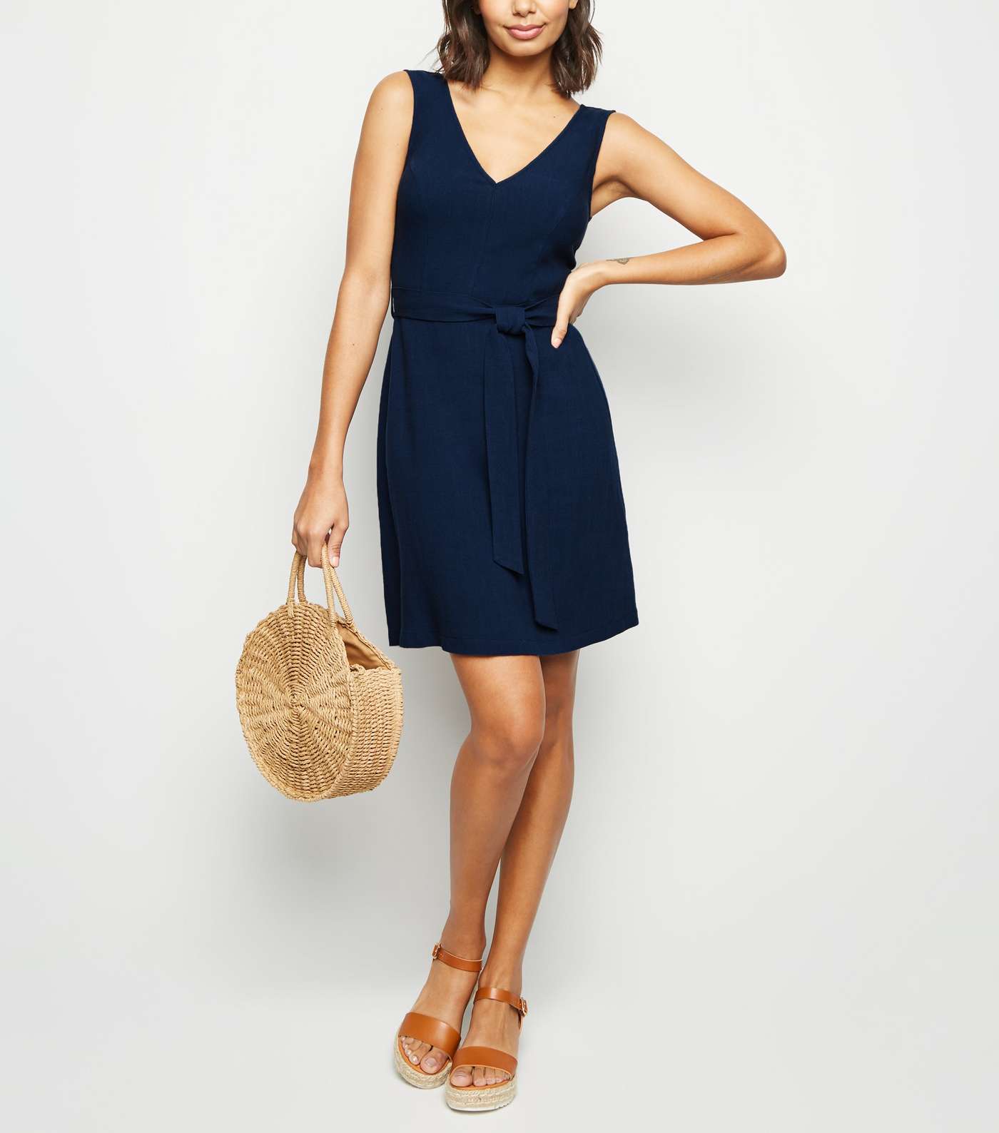 Navy Linen Look Belted Pinafore Dress Image 2