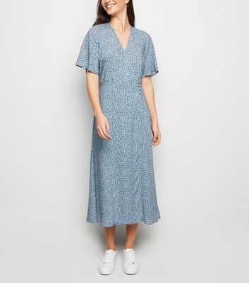 Blue Ditsy Floral Button Up Midi Wrap Dress | New Look