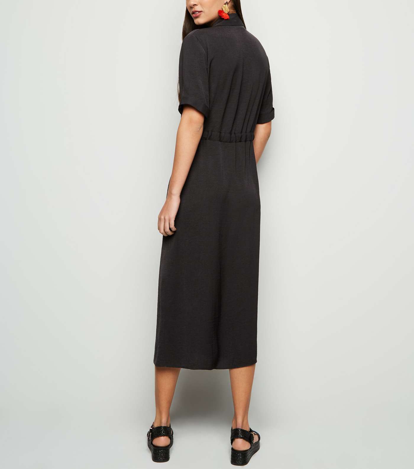 Black Drawstring Waist Midi Shirt Dress Image 2