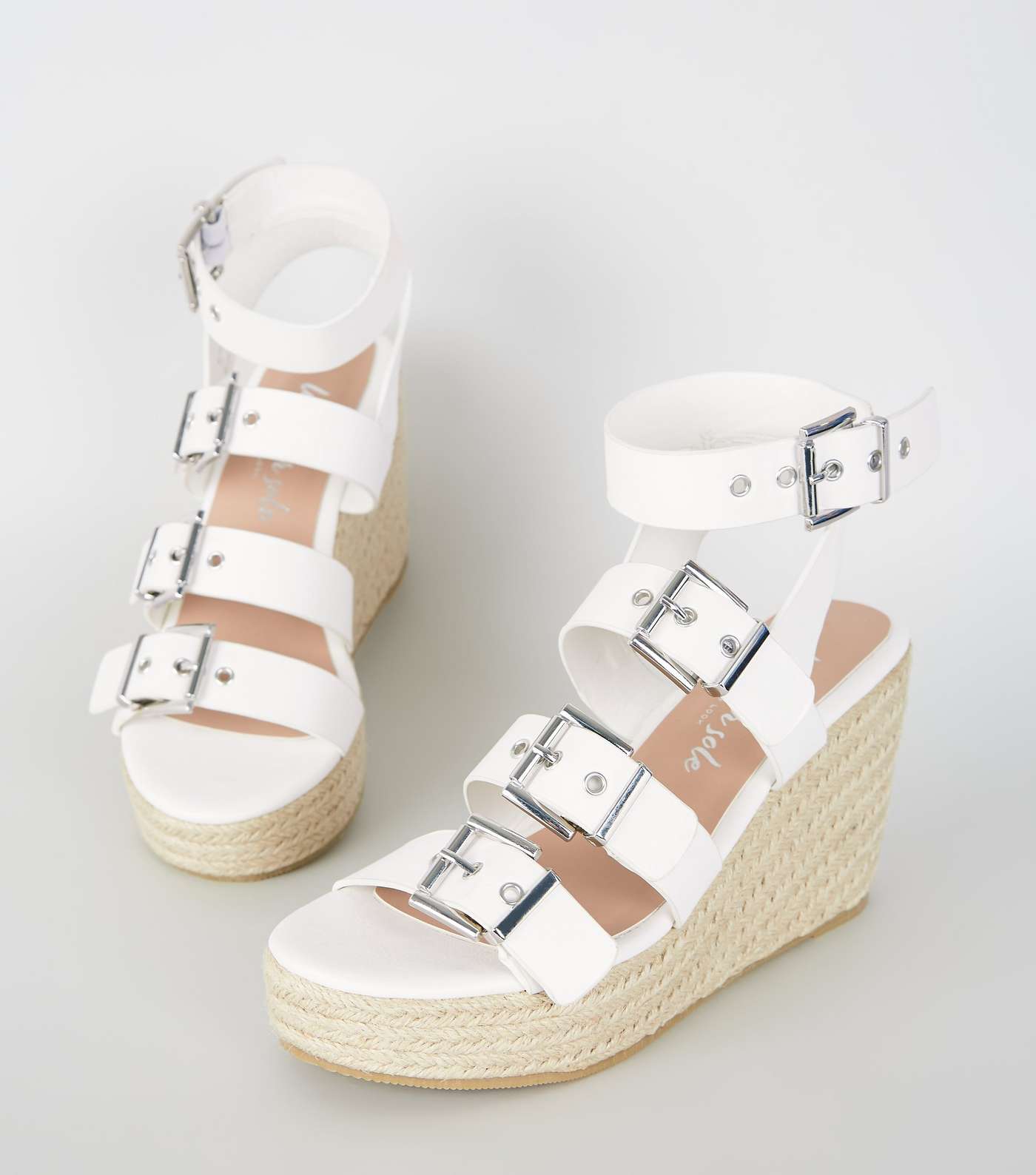White Buckle Strap Espadrille Wedges Image 3