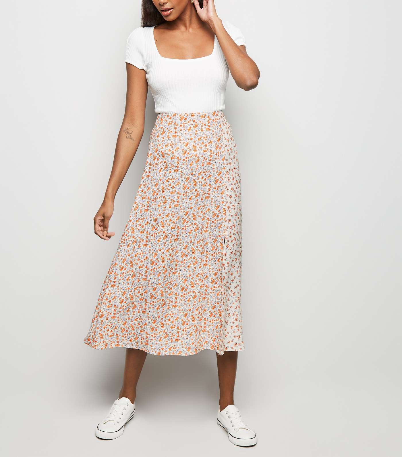 White Floral Side Split Midi Skirt