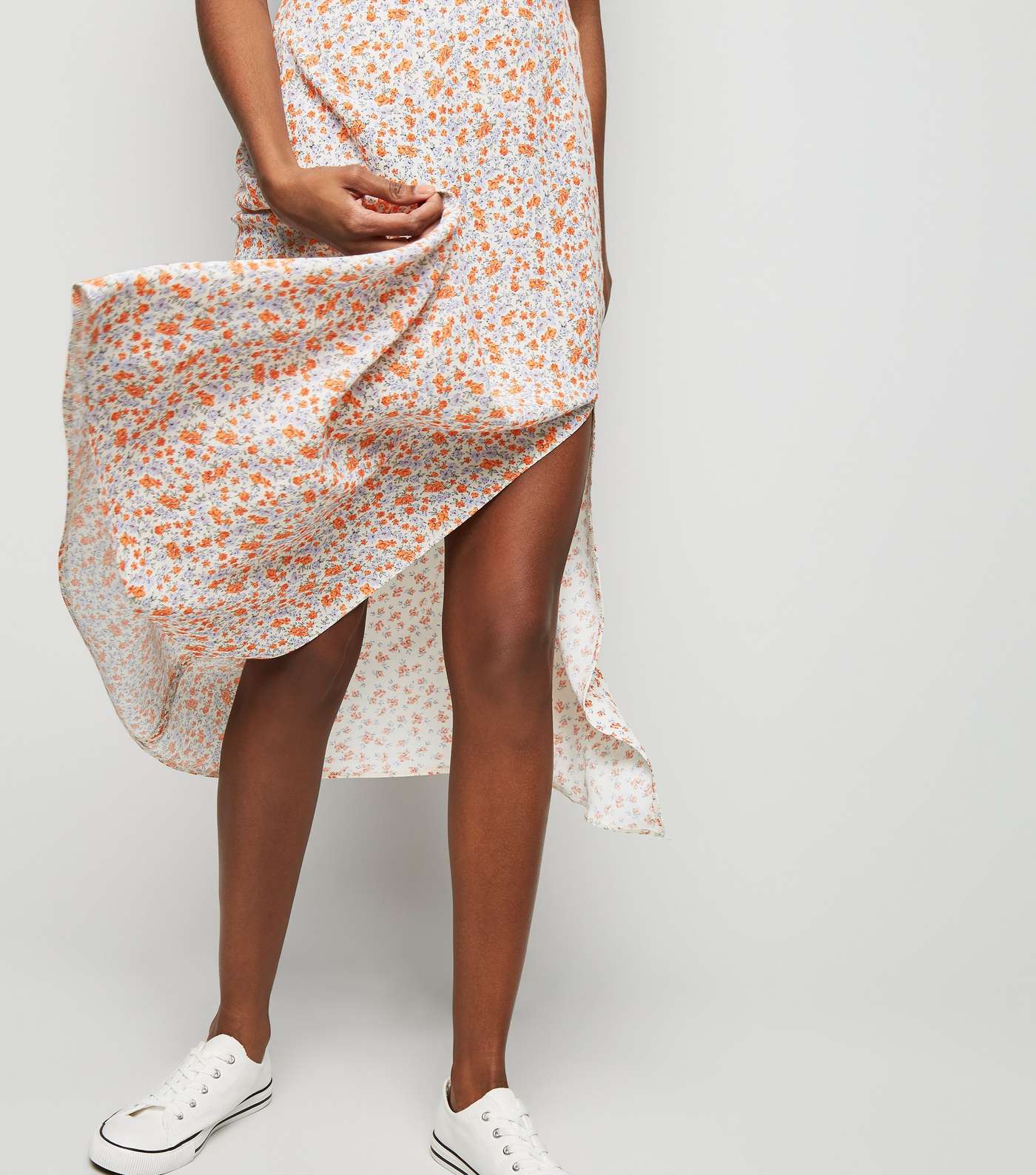 White Floral Side Split Midi Skirt Image 5