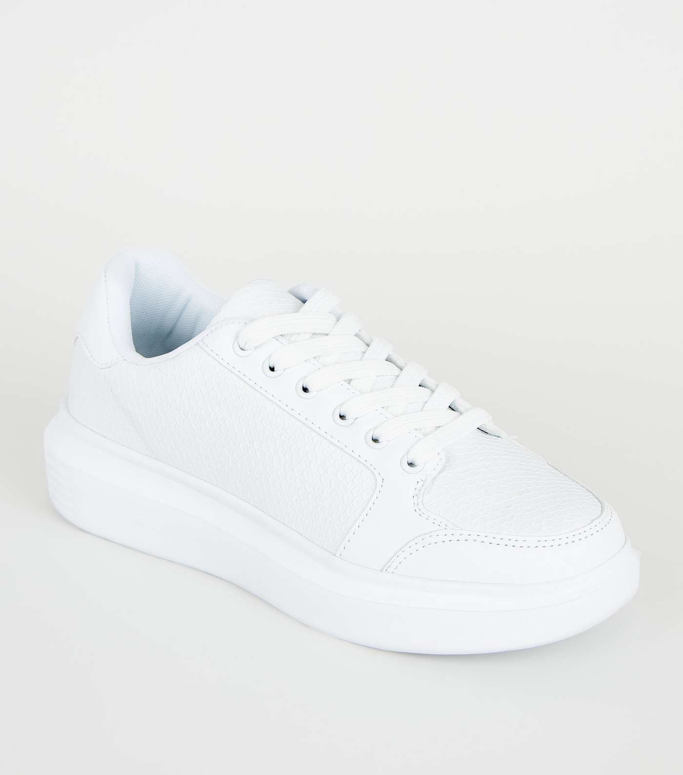 White Leather-Look Faux Snake Lace-Up Trainers