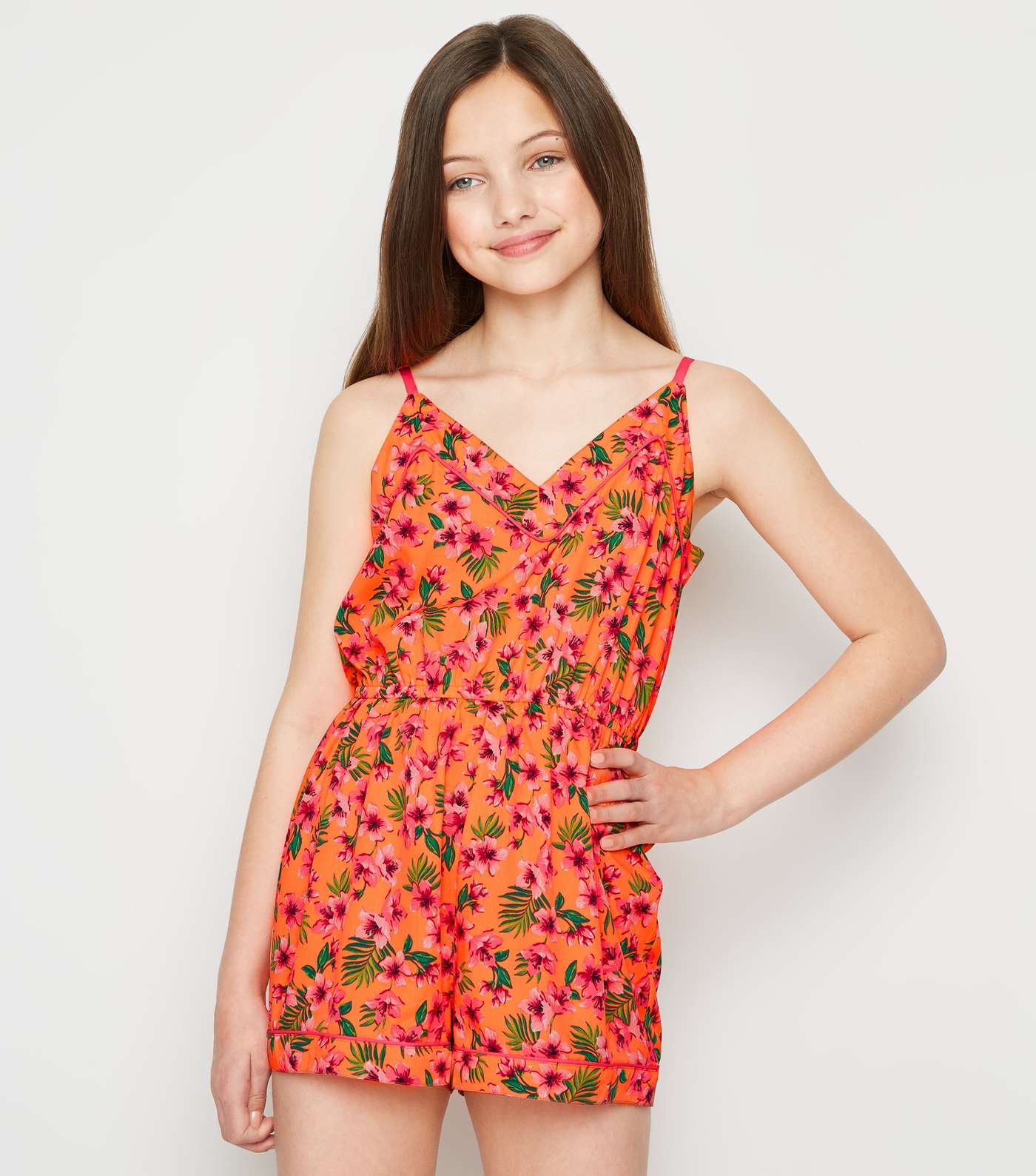 Girls Orange Floral Piped Playsuit