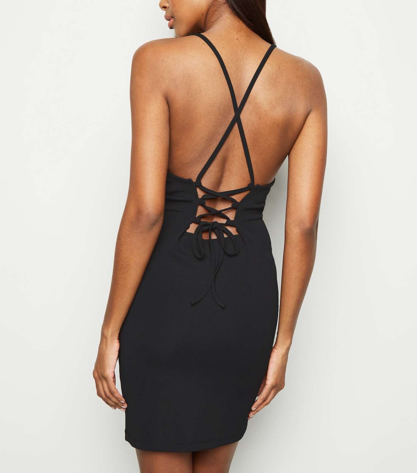 Black Ribbed Lace Up Back Bodycon Dress