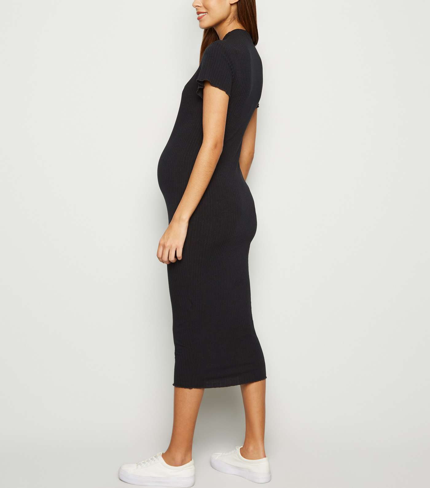 Maternity Black Ribbed Frill Trim Midi Dress Image 3