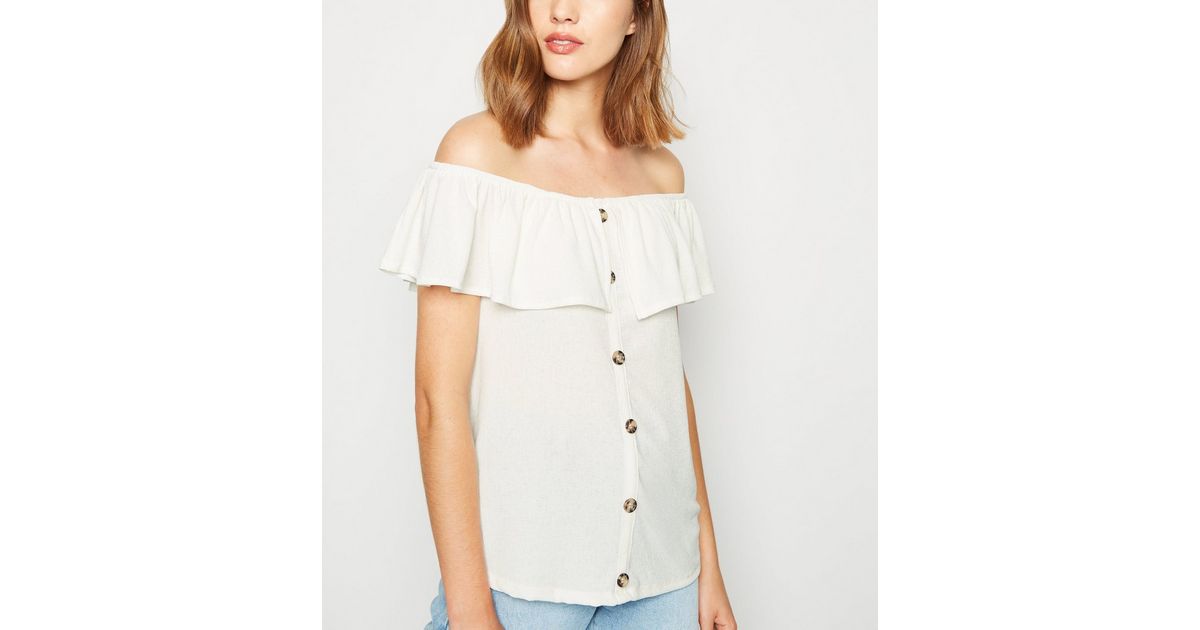 Off White Textured Ruffle Trim Bardot Top New Look