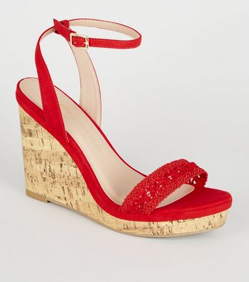 Wide Fit Red Crochet Strap Cork Wedges 