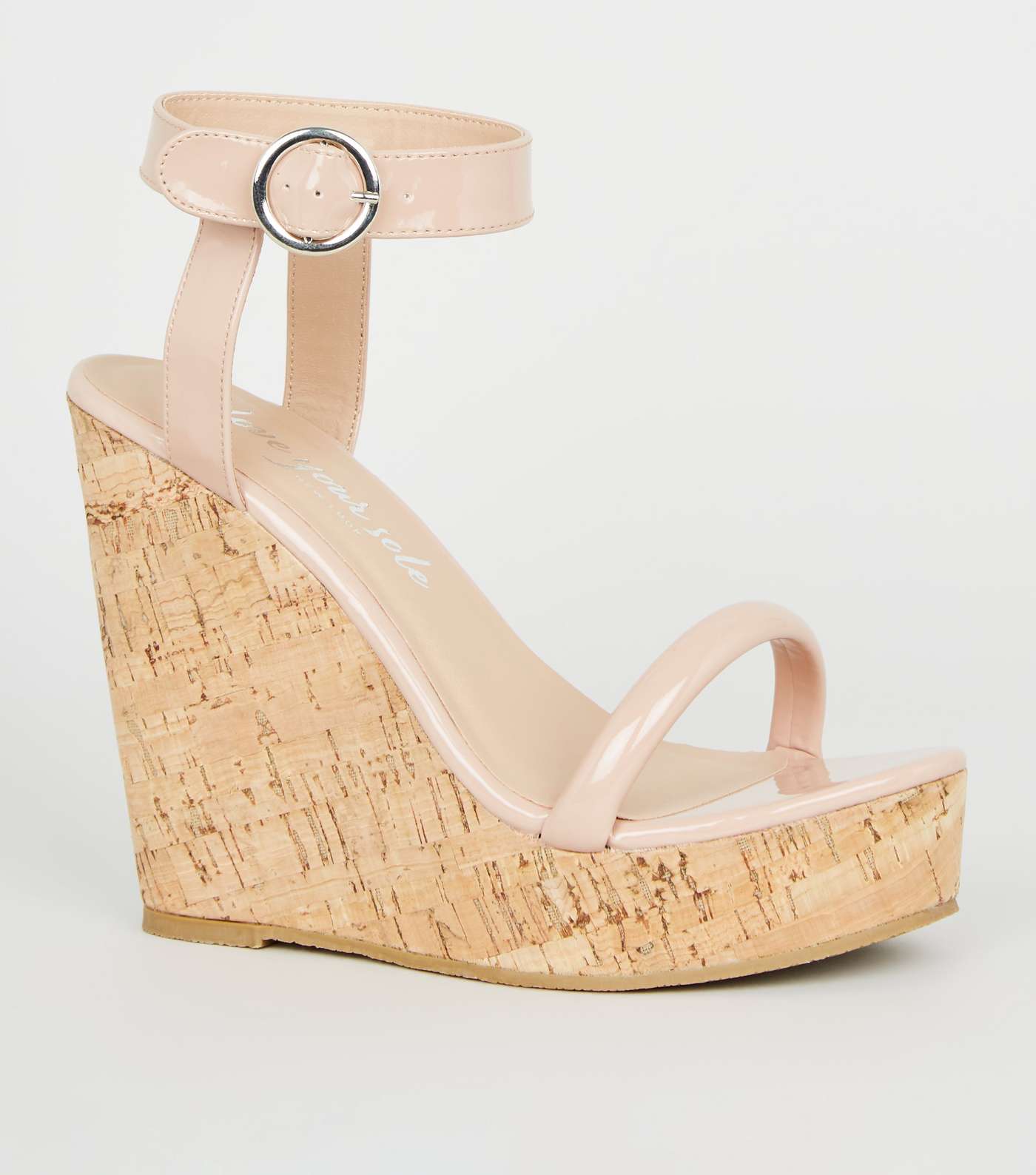Nude Patent Tube Strap Cork Wedges
