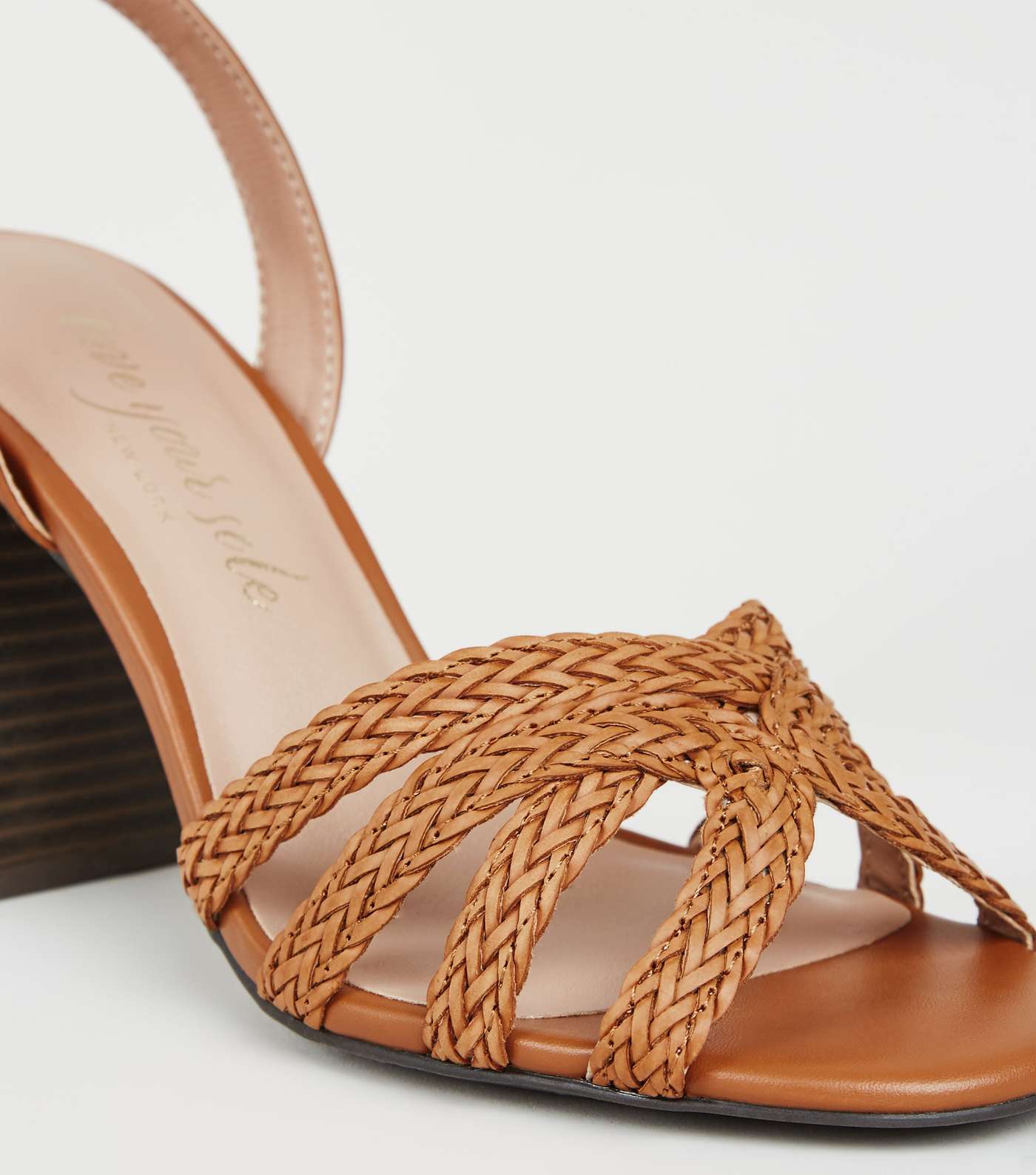 Tan Woven Strap Wood Flare Heel Sandals Image 4
