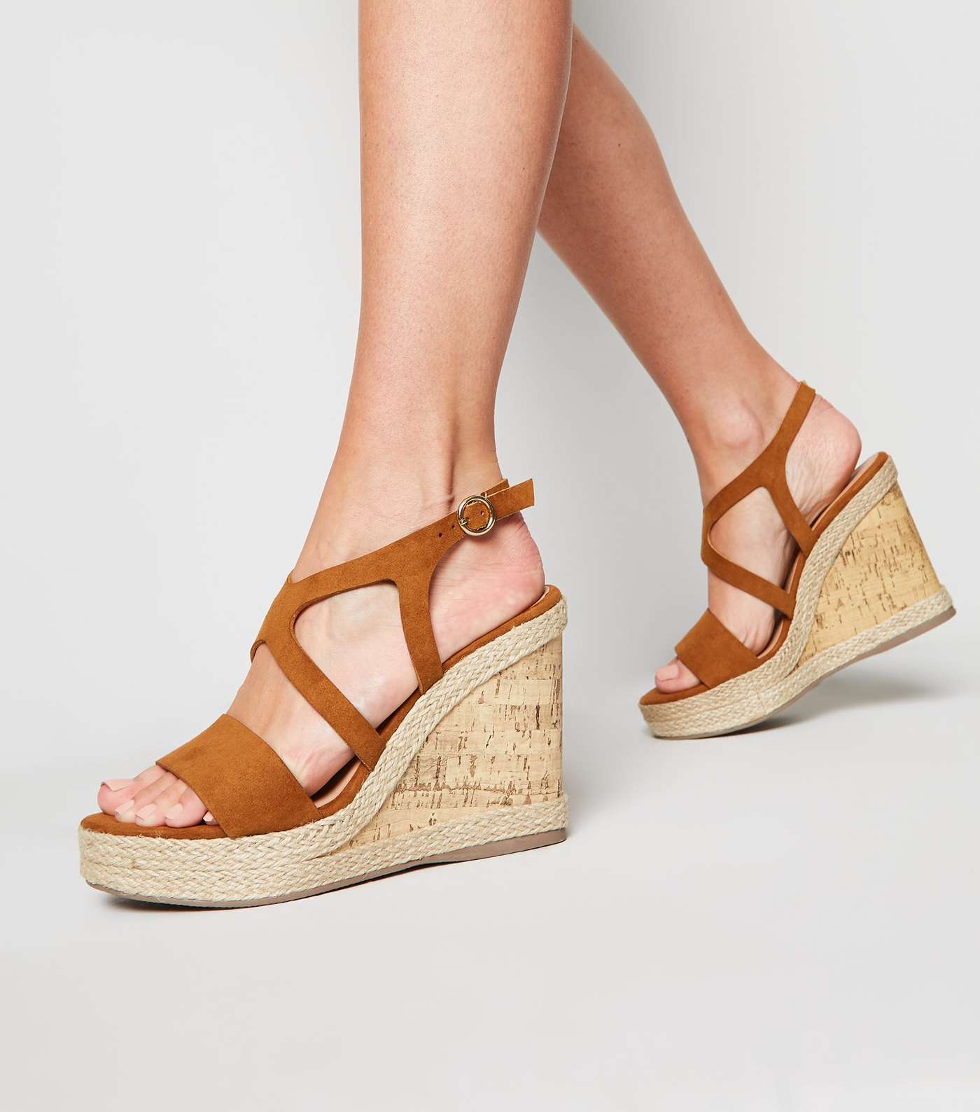 Tan Suedette Strappy Cork Wedges Image 2
