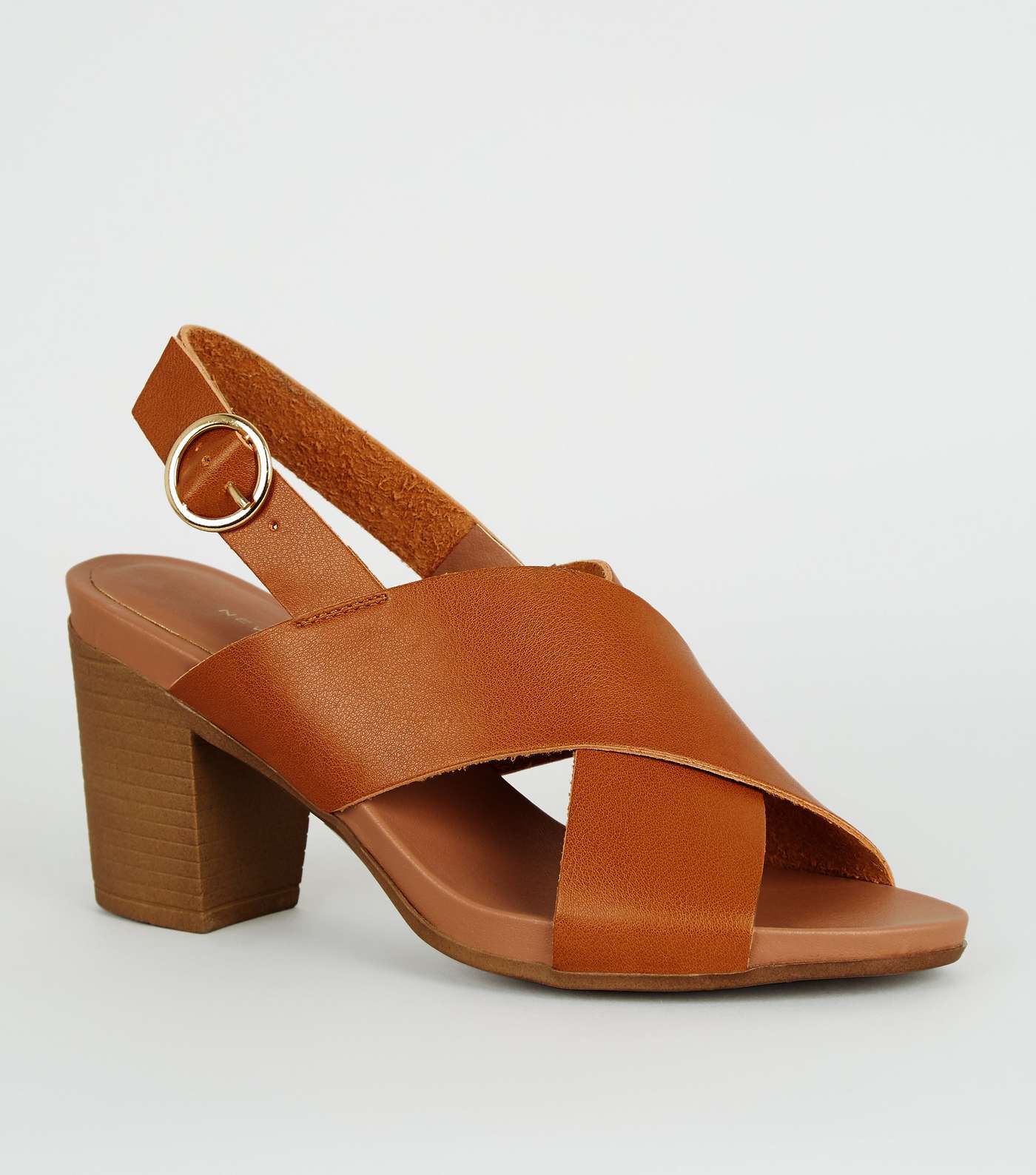 Tan Leather-Look Cross Strap Heels