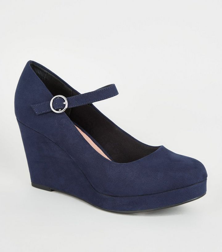 Navy Comfort Suedette Wedge Heels New Look