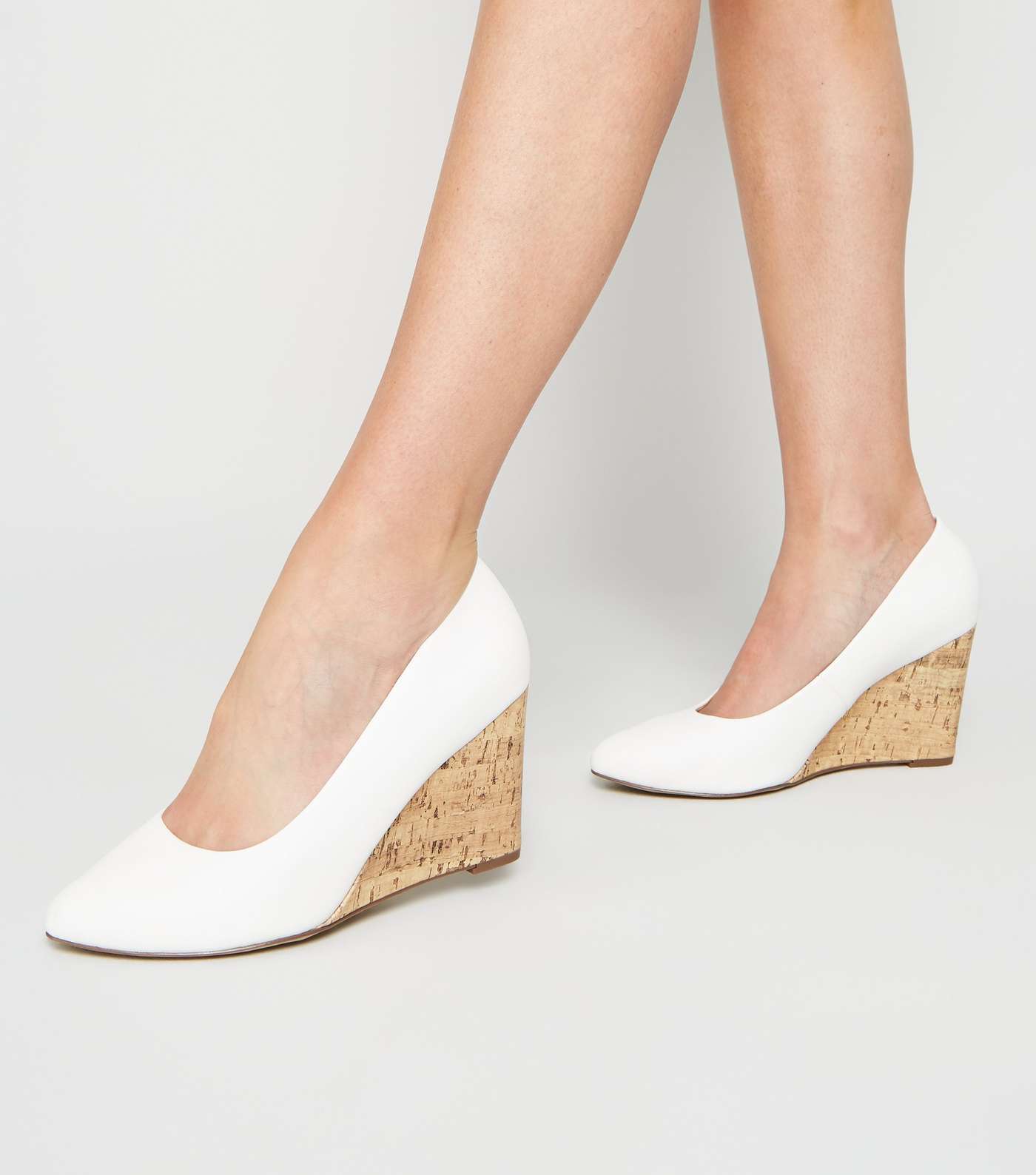 Wide Fit White Leather-Look Cork Wedges Image 2