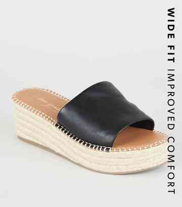 Wide Fit Black Leather-Look Espadrille Sliders ...