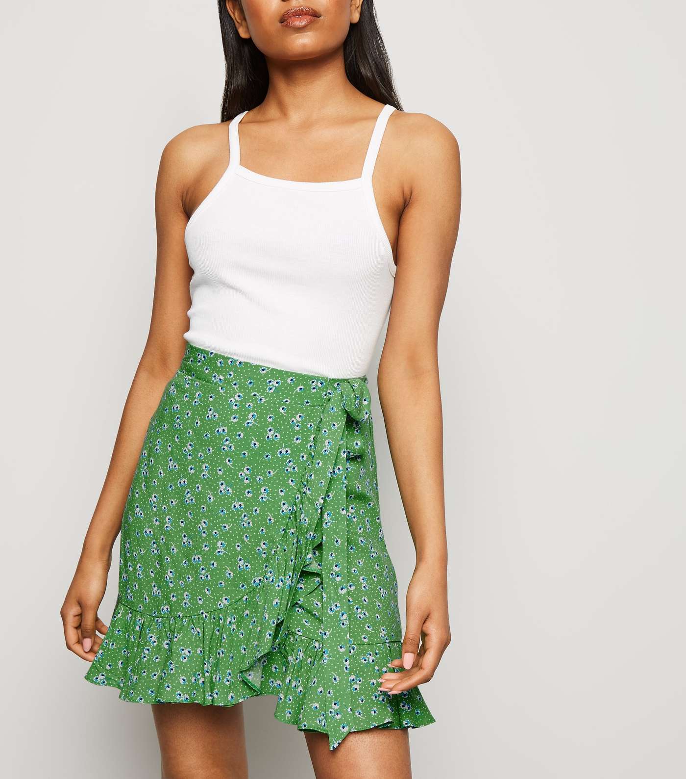 Petite Green Floral Ruffle Trim Mini Skirt