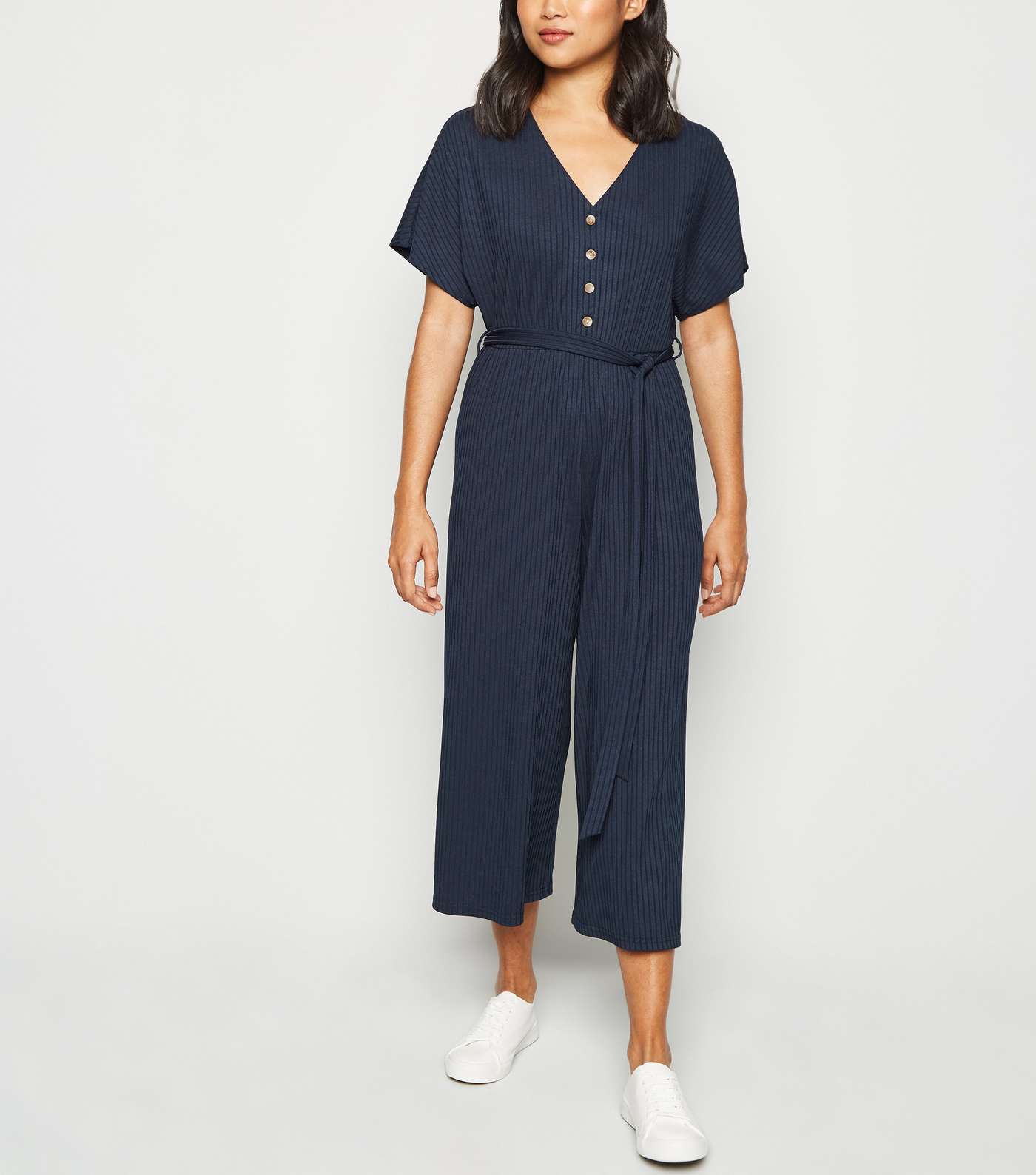 Petite Navy Ribbed Button Up Jumpsuit