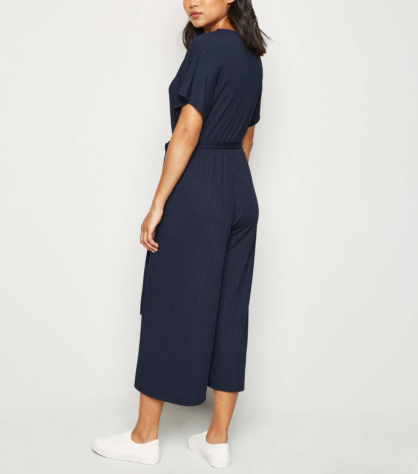 Petite Navy Ribbed Button Up Jumpsuit Image 3