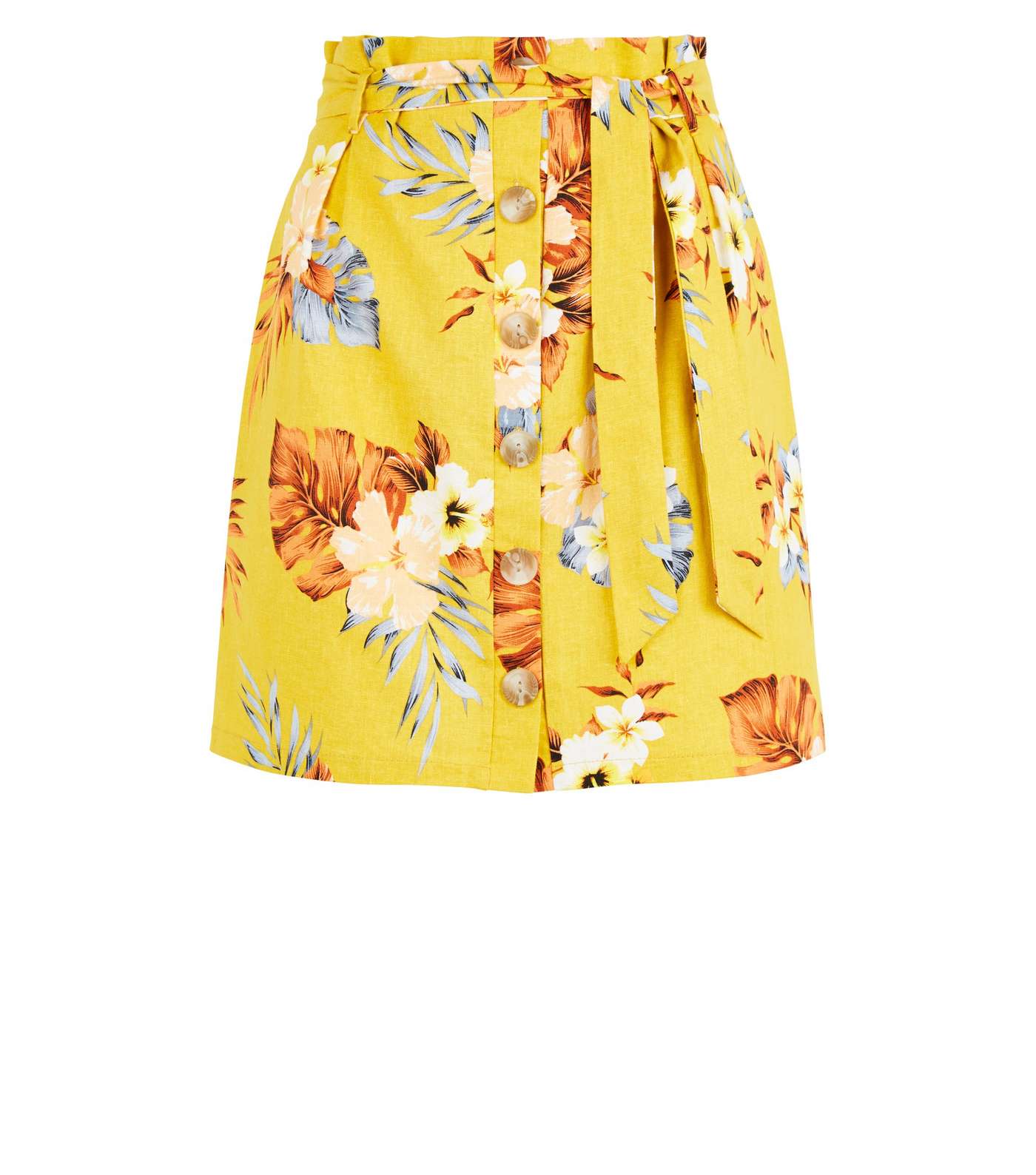Yellow Tropical Linen Blend High Waist Skirt Image 4