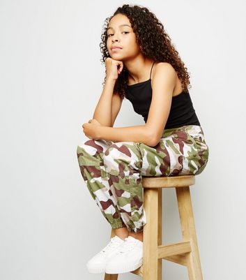 Girls Light Green Camo Utility Trousers New Look