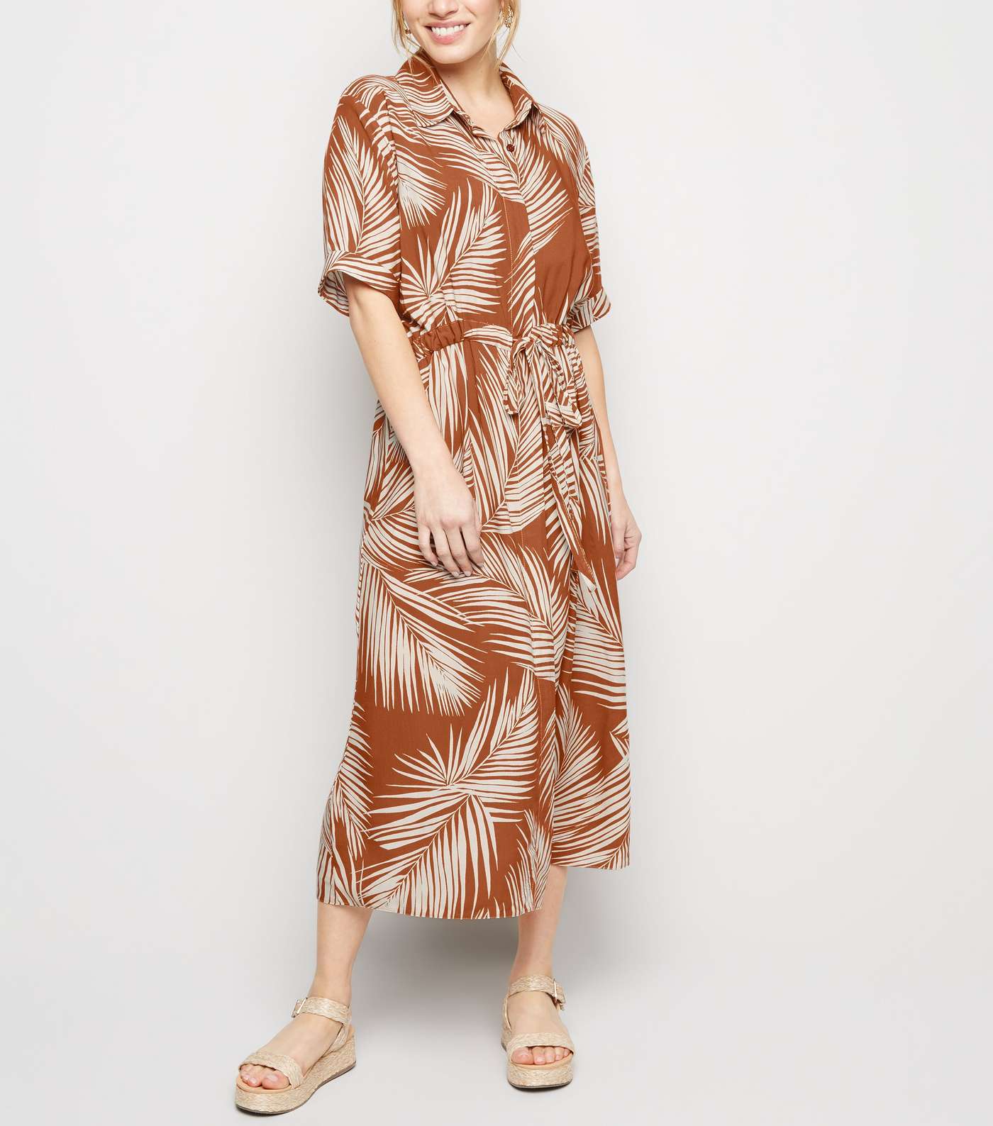 Petite Brown Palm Print Midi Shirt Dress