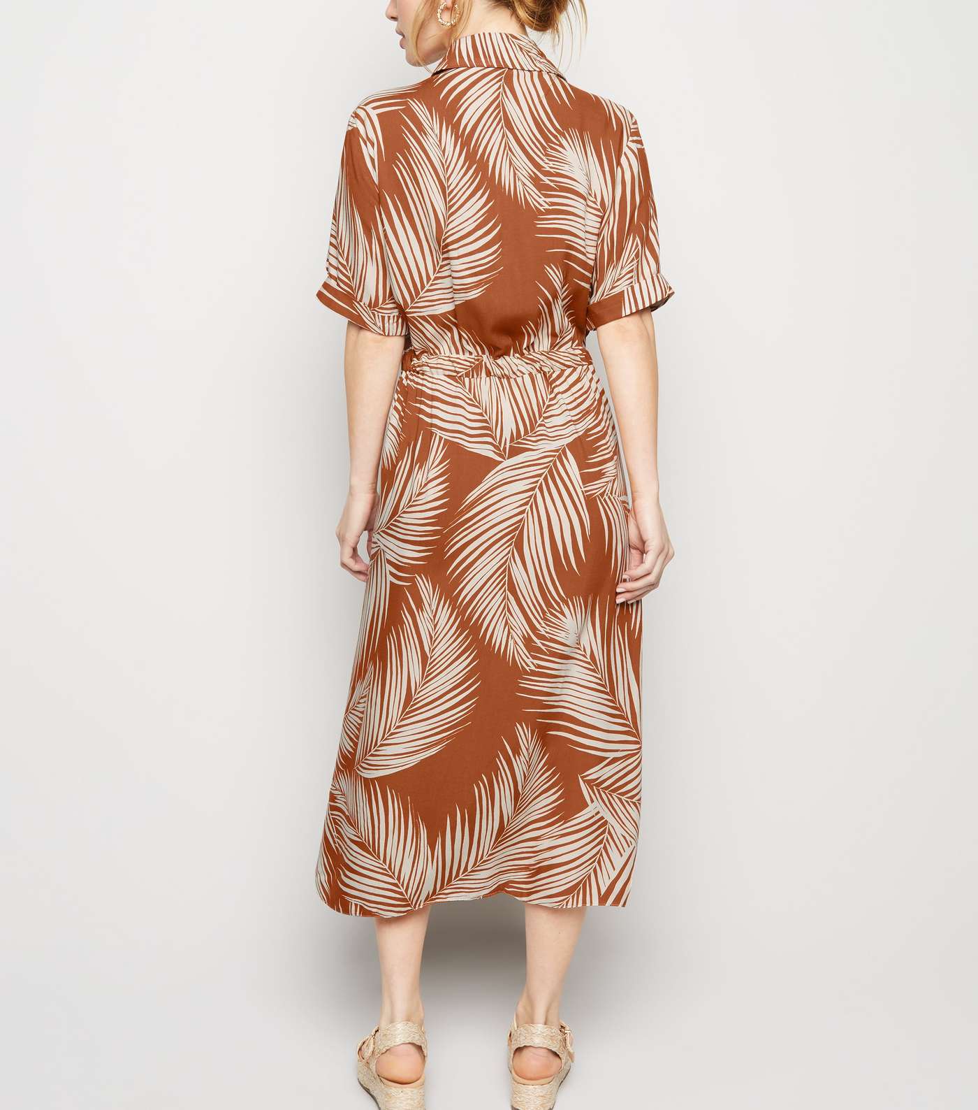 Petite Brown Palm Print Midi Shirt Dress Image 3