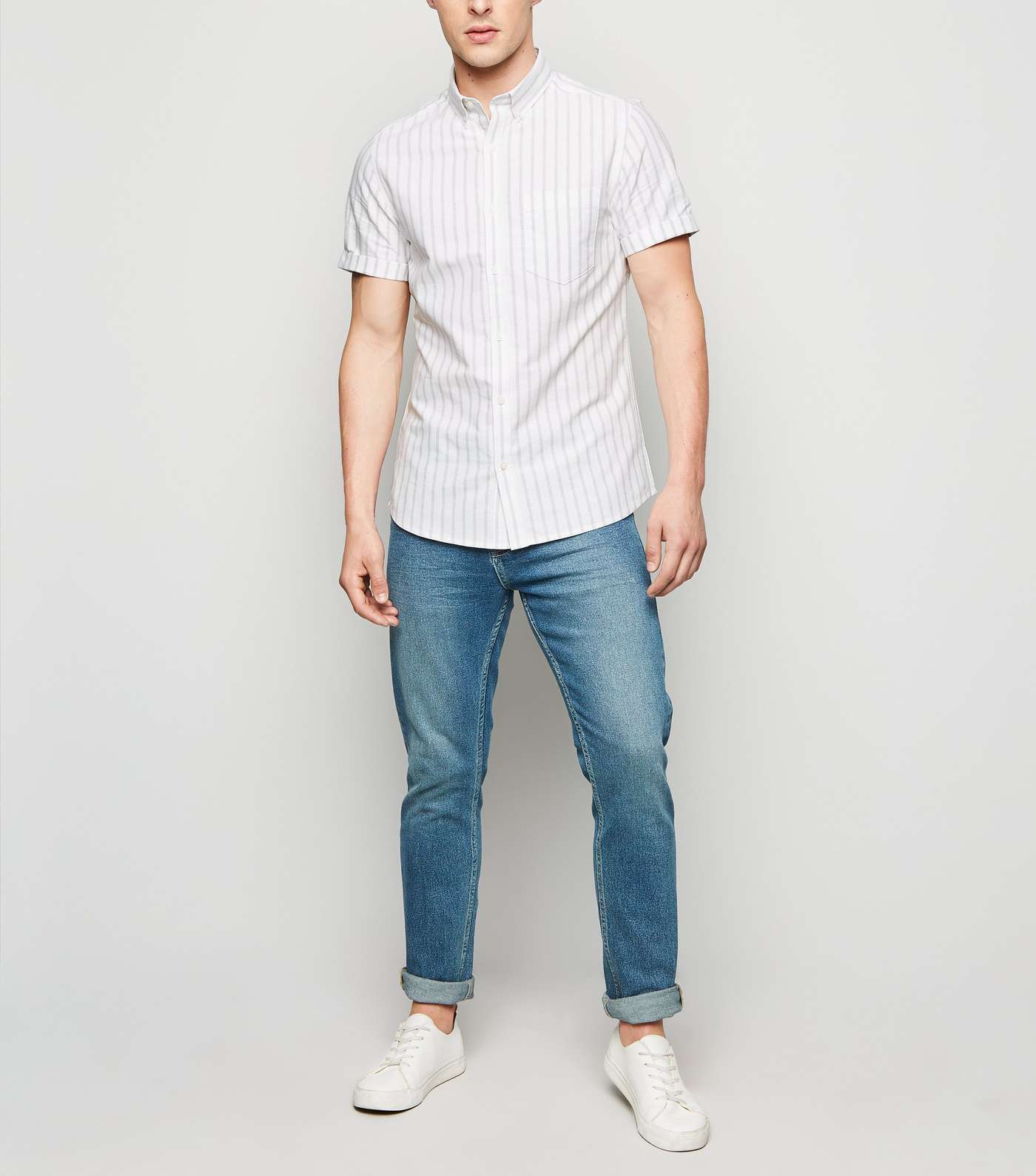 White Vertical Stripe Short Sleeve Oxford Shirt Image 2