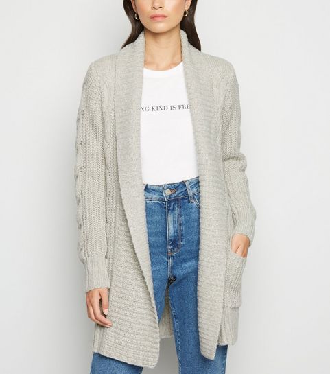 Pale Grey Cable Knit Longline Cardigan