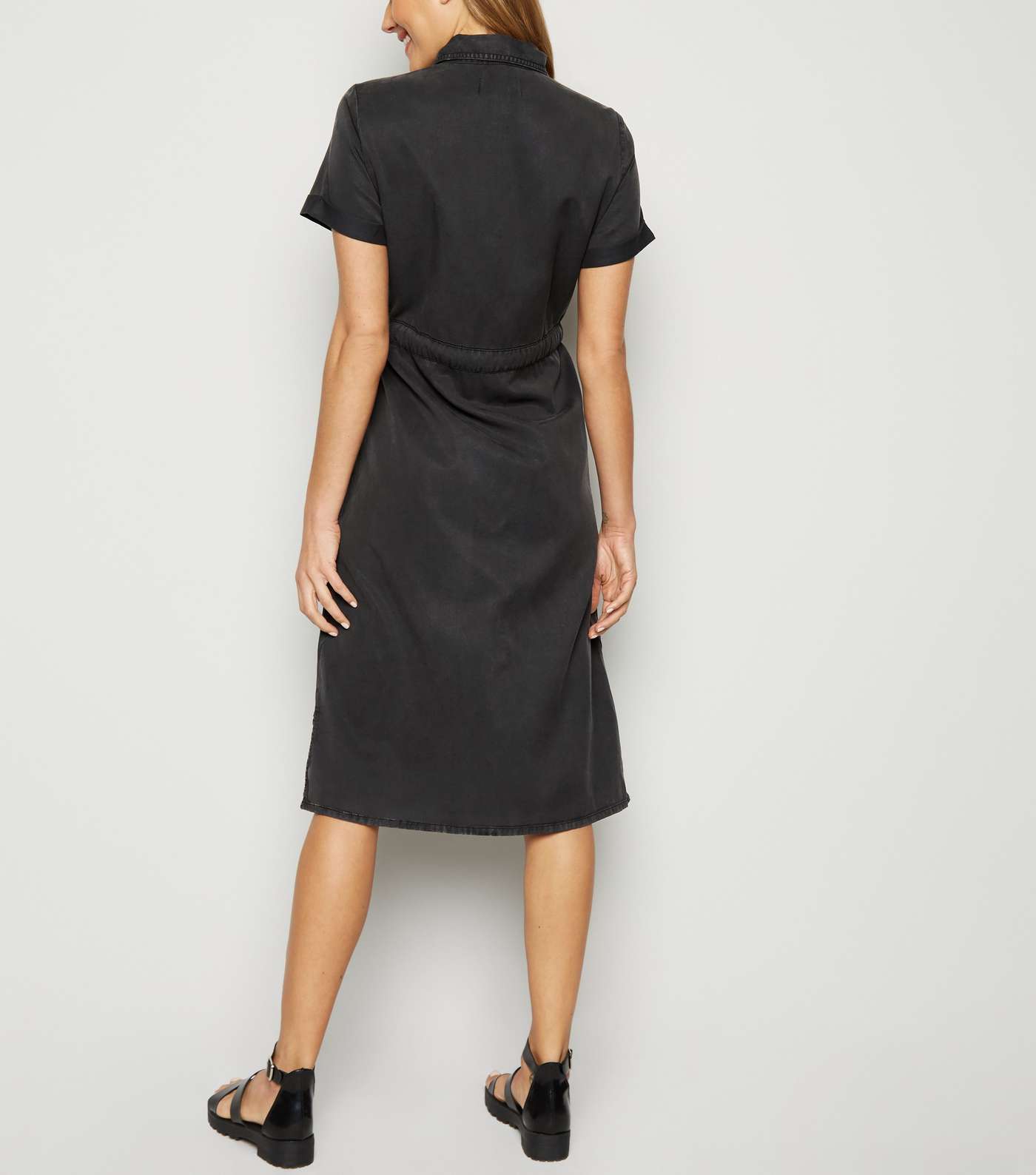 Black Denim Utility Midi Shirt Dress Image 3
