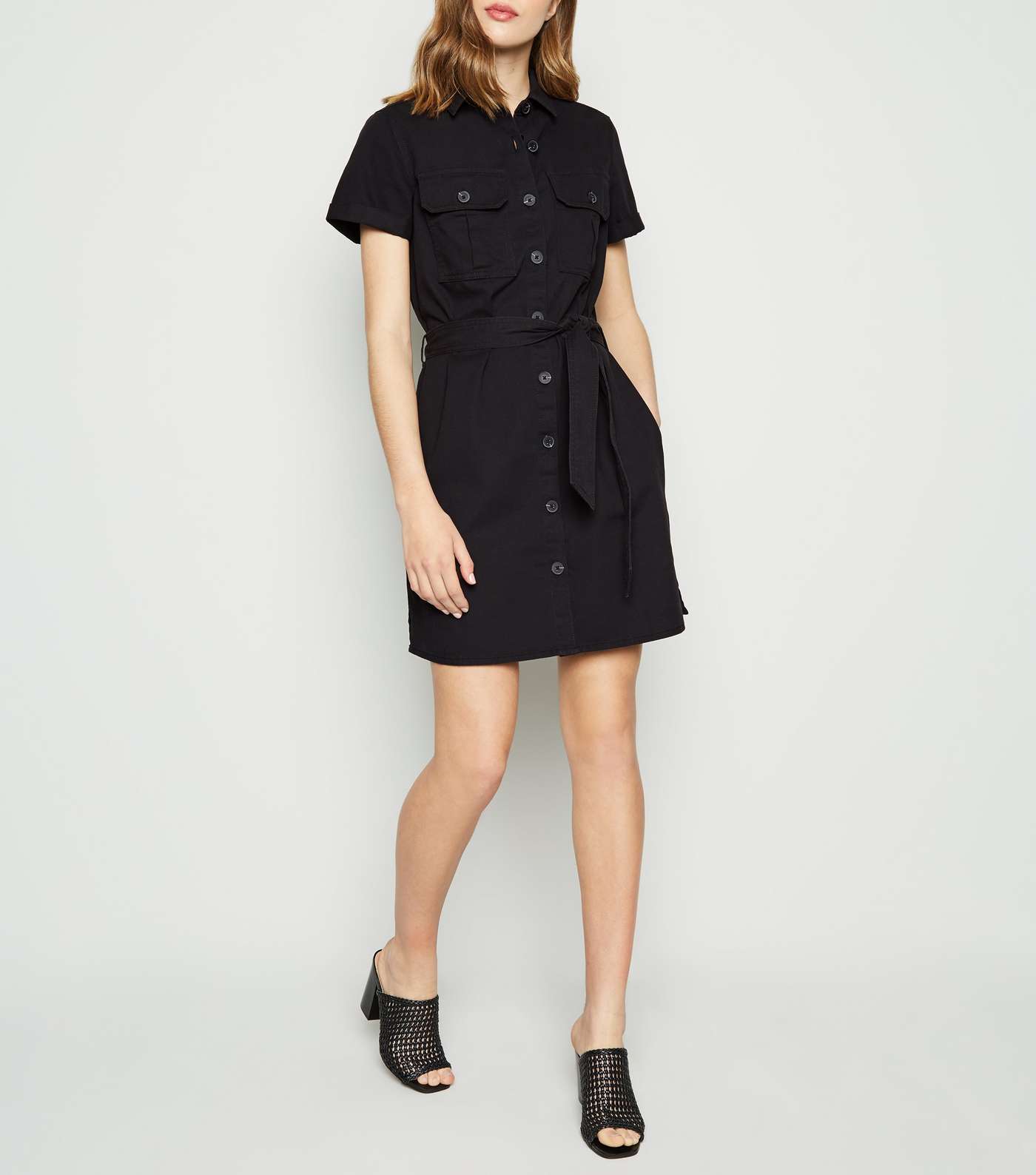 Black Short Sleeve Utility Denim Shirt Dress Image 2