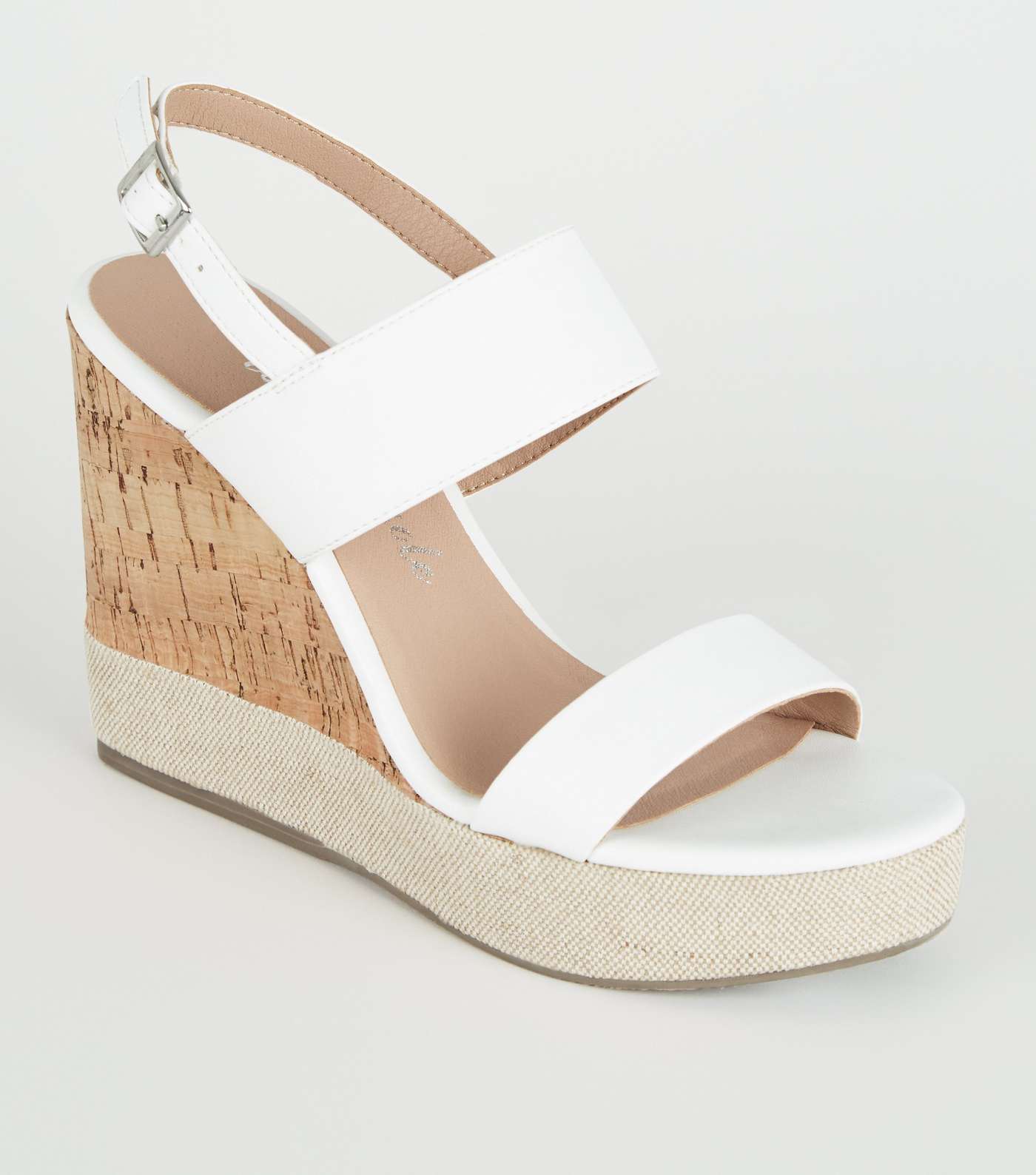White Leather-Look Canvas Trim Cork Wedges