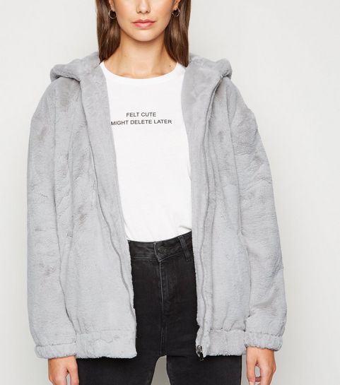 Pale Grey Faux Fur Hooded Bomber Jacket