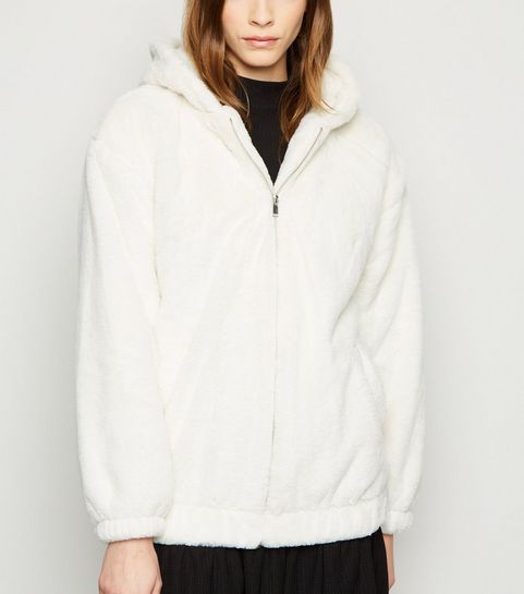 White Faux Fur Hooded Bomber Jacket