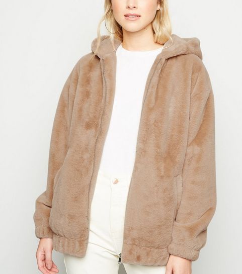 Camel Faux Fur Hooded Bomber Jacket