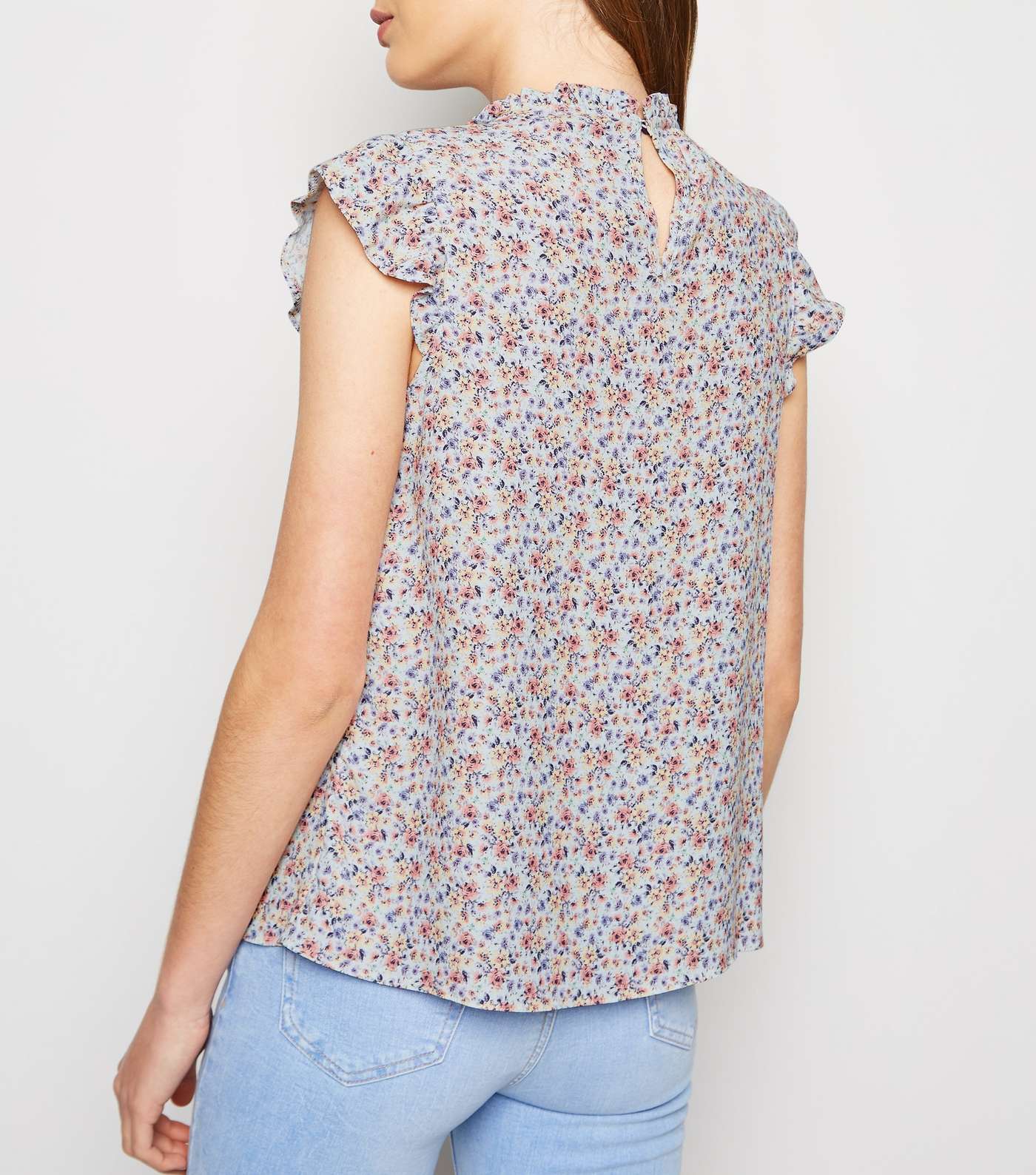 Blue Floral Frill Trim Sleeveless Blouse Image 3