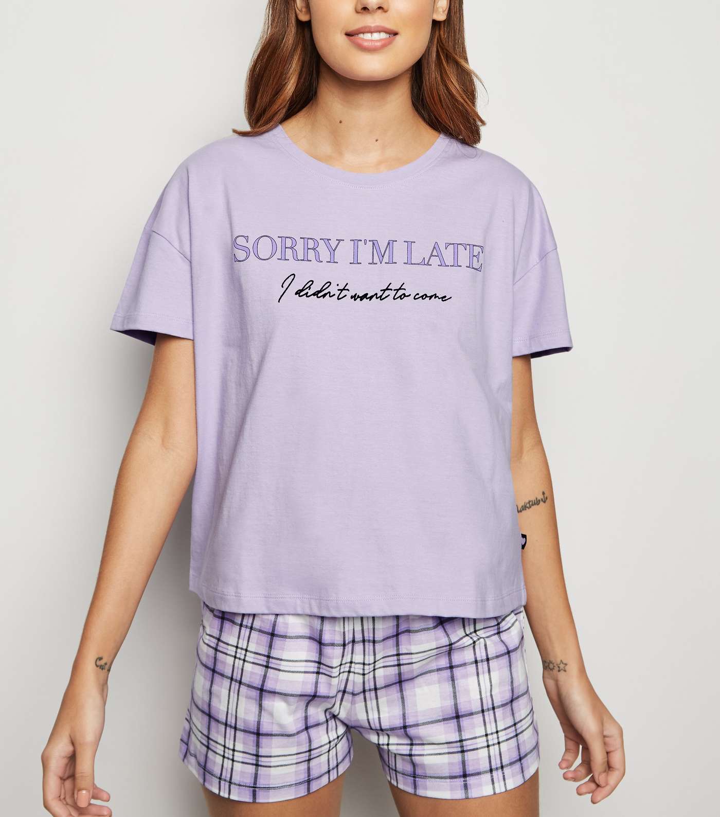 Lilac Sorry I'm Late Slogan Pyjama Set