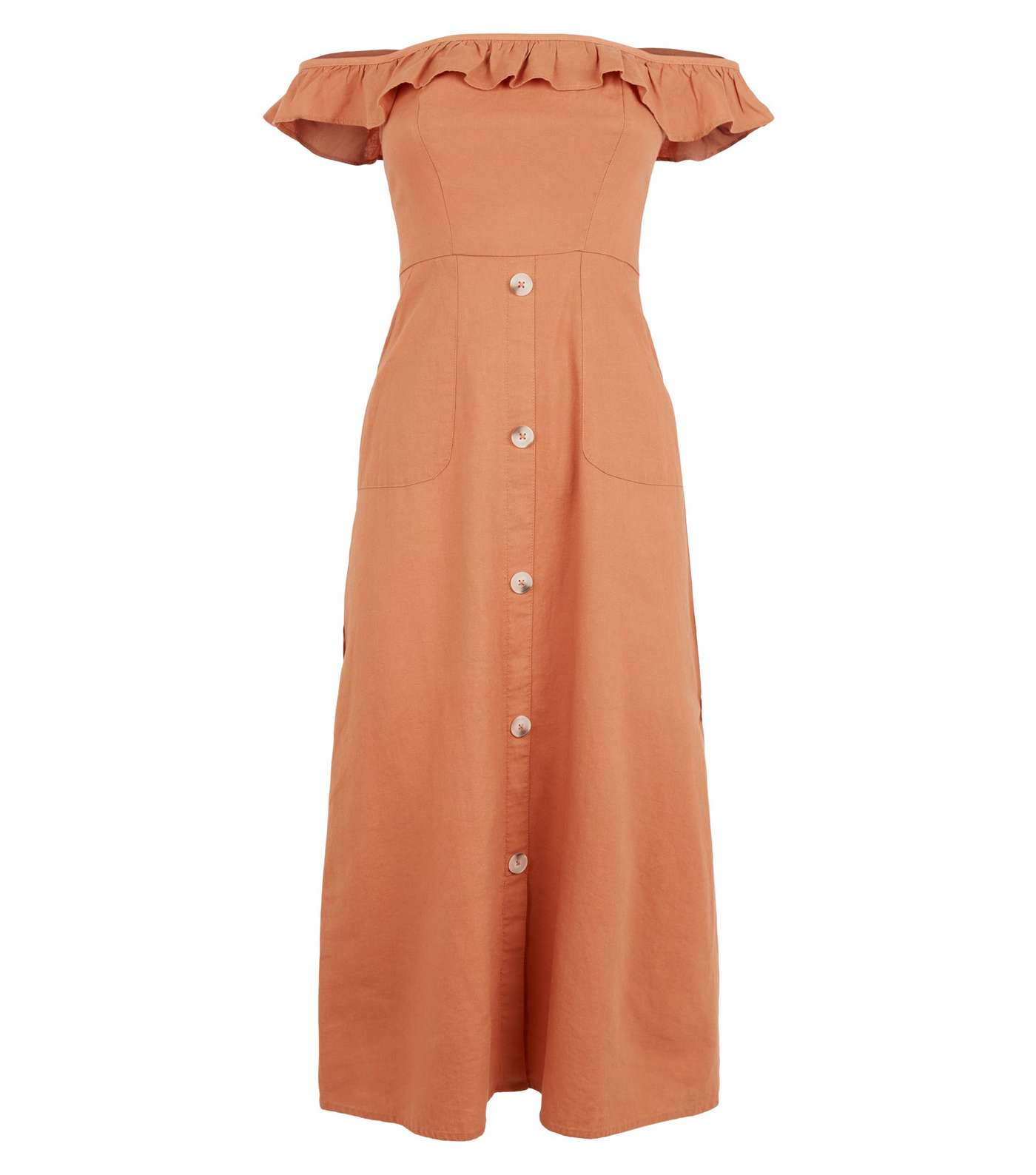 Rust Linen Blend Button Front Midi Dress Image 4