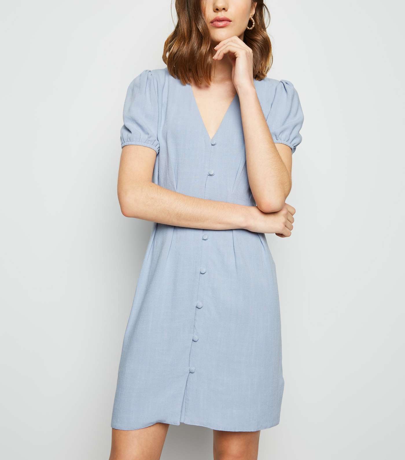 Blue Linen-Look Button Up Tea Dress