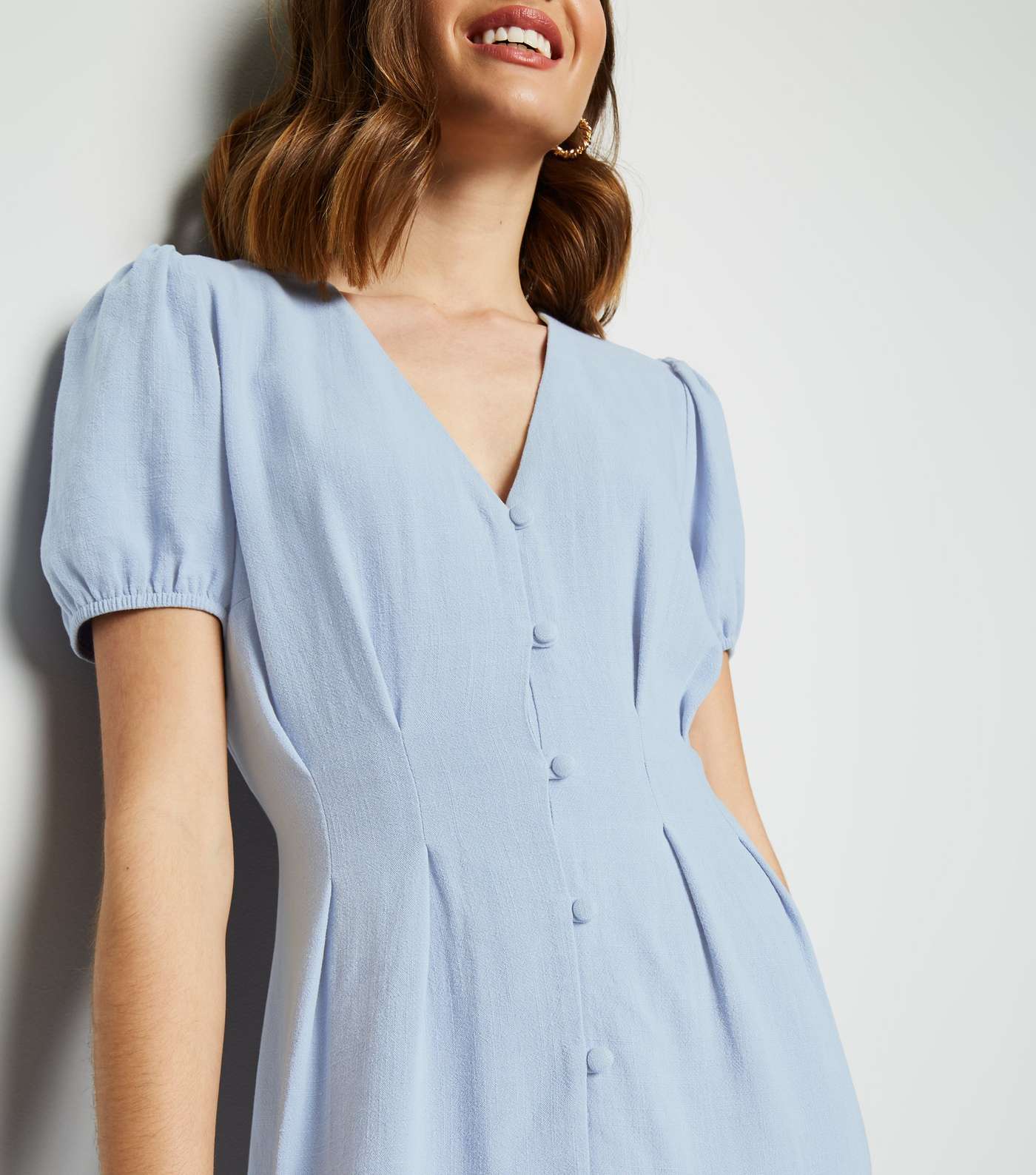 Blue Linen-Look Button Up Tea Dress Image 5