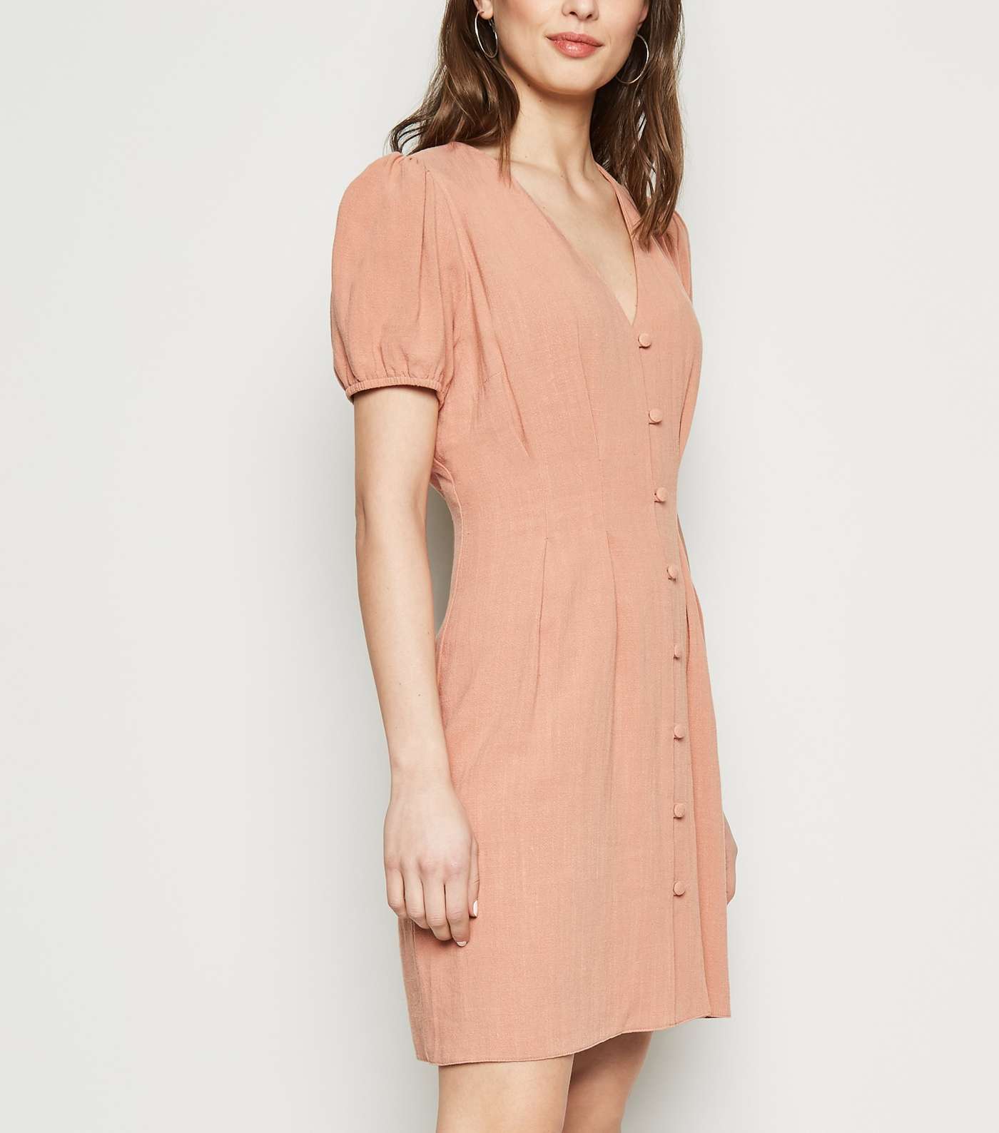 Mid Pink Linen-Look Button Up Tea Dress